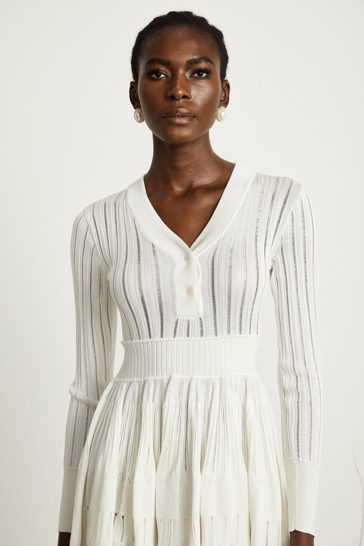 Maia Midi Dress White V Neck Pointelle Knit Stretch Jersey