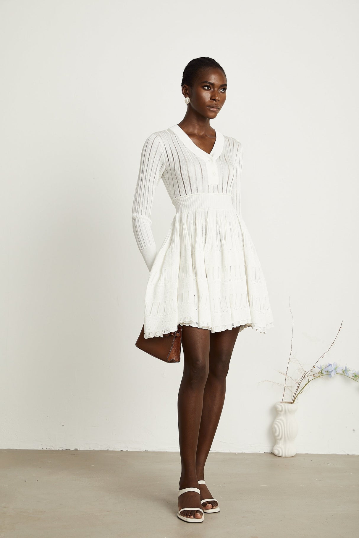 Maia Midi Dress White V Neck Pointelle Knit Stretch Jersey