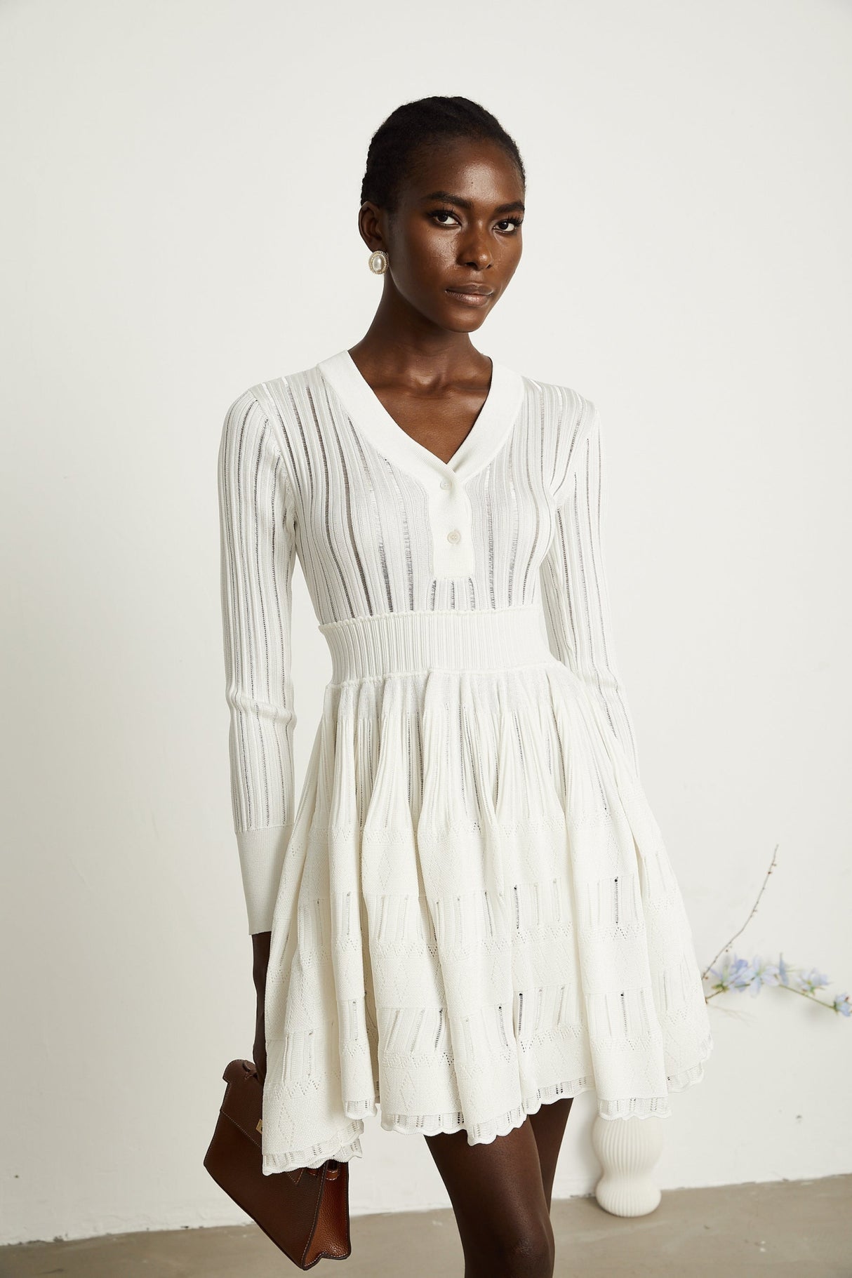 Maia Midi Dress White V Neck Pointelle Knit Stretch Jersey