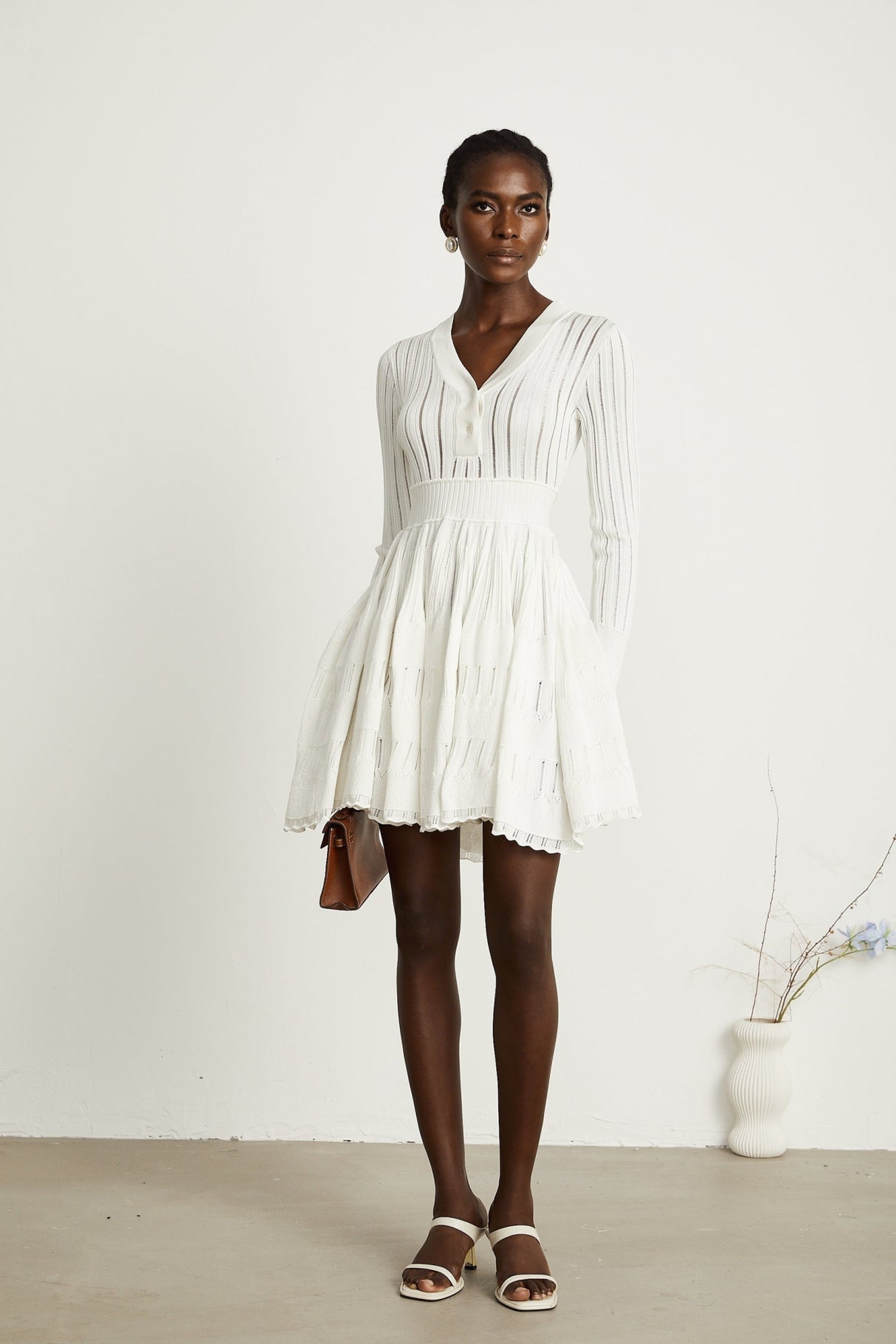 Maia Midi Dress White V Neck Pointelle Knit Stretch Jersey