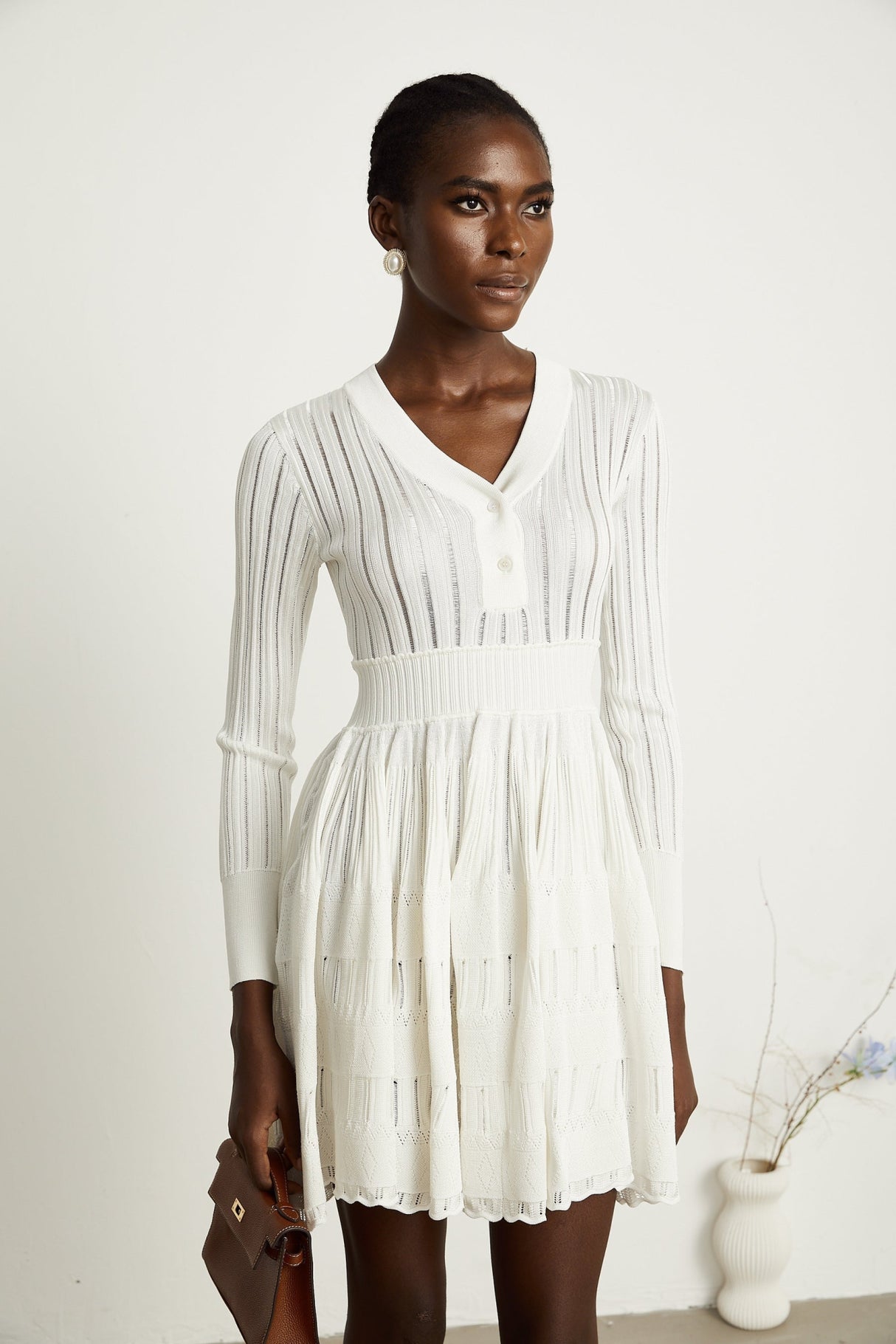 Maia Midi Dress White V Neck Pointelle Knit Stretch Jersey