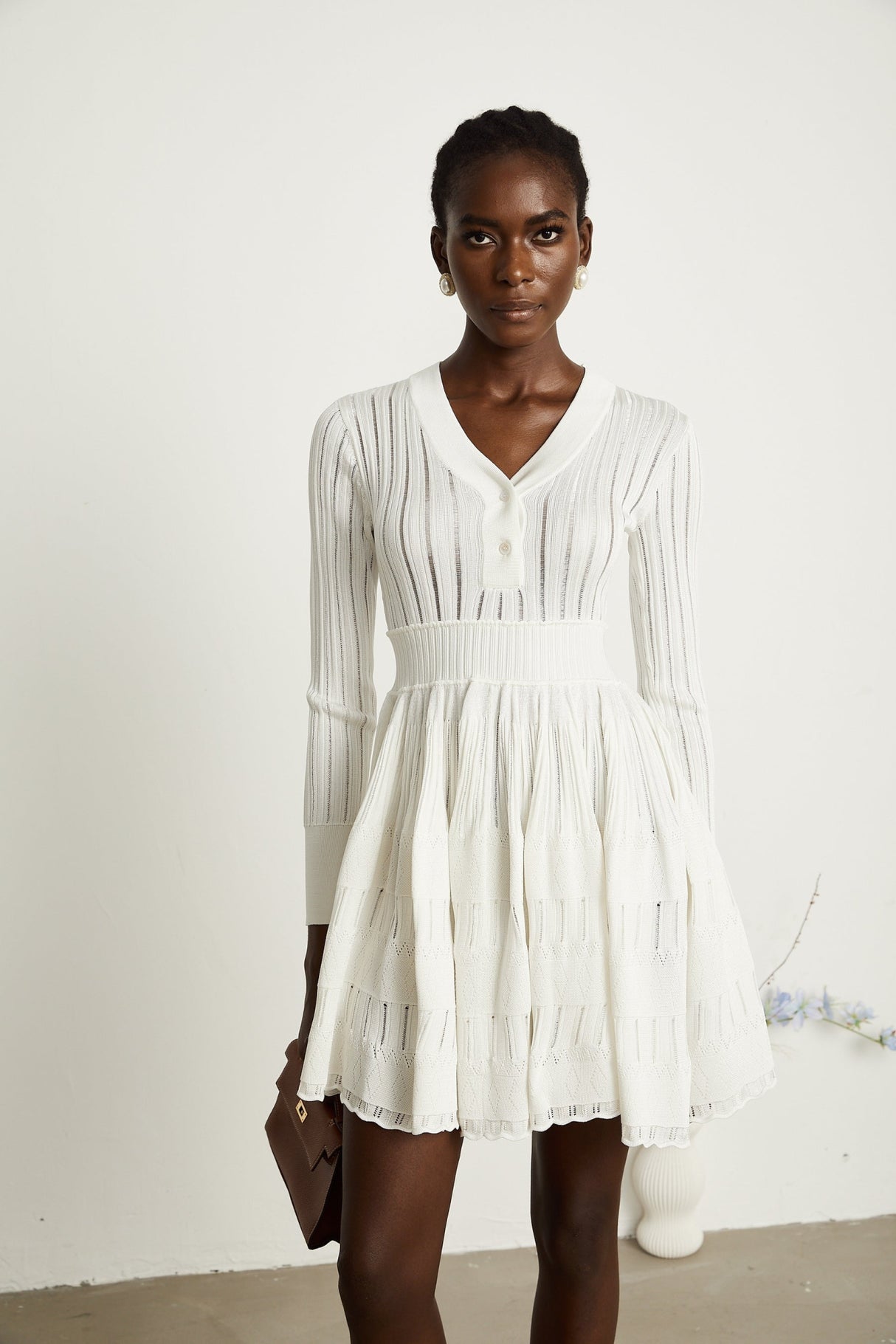Maia Midi Dress White V Neck Pointelle Knit Stretch Jersey