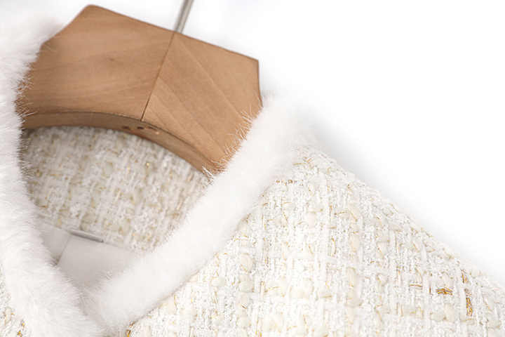 Maia Tailored Tweed Jacket – Fur Trim – Rhinestone Belt – Gold - Tone Button Details