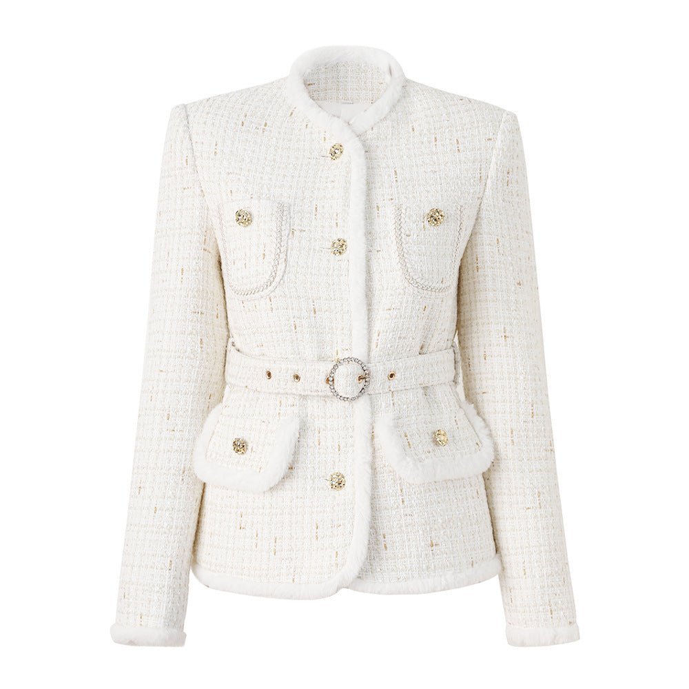 Maia Tailored Tweed Jacket – Fur Trim – Rhinestone Belt – Gold - Tone Button Details
