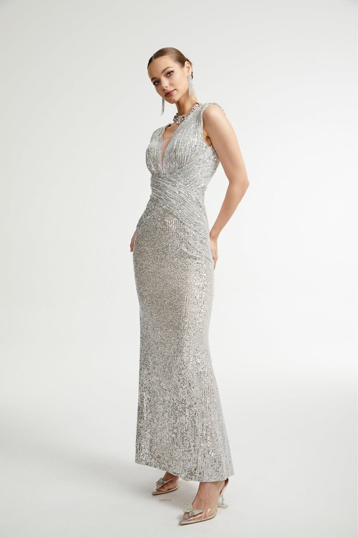 Maisie Maxi Dress in Radiant Silver with Sequin Embellishments & Cinched Waist