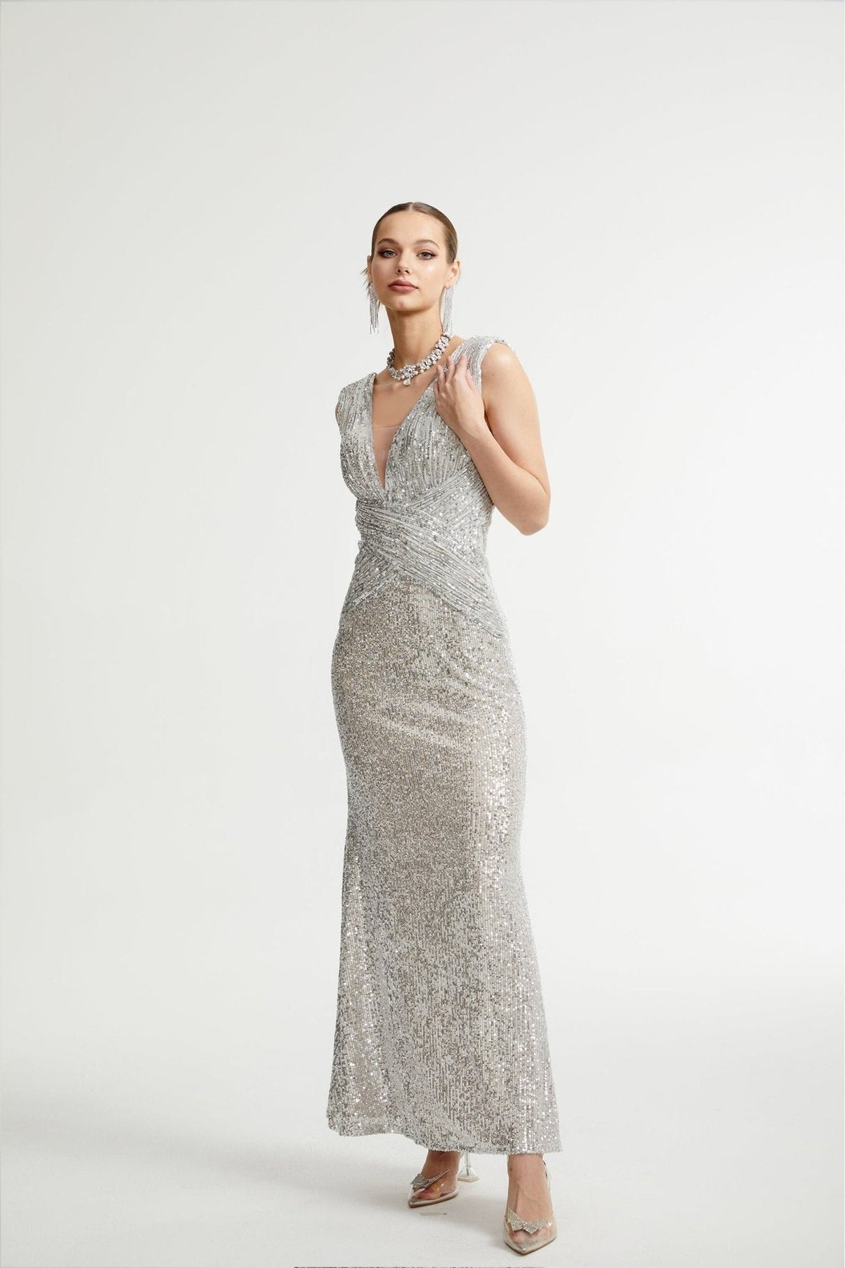 Maisie Maxi Dress in Radiant Silver with Sequin Embellishments & Cinched Waist