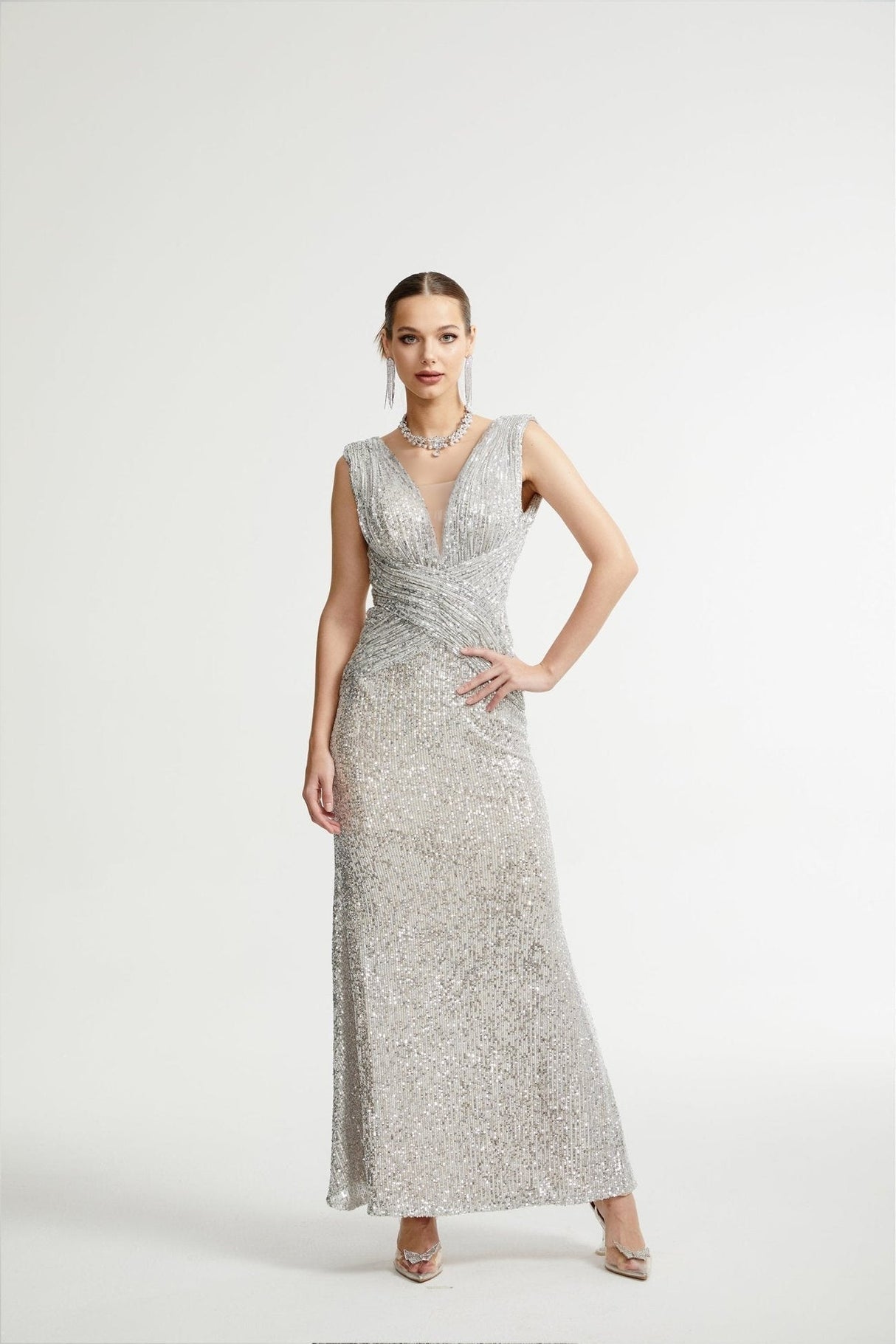 Maisie Maxi Dress in Radiant Silver with Sequin Embellishments & Cinched Waist
