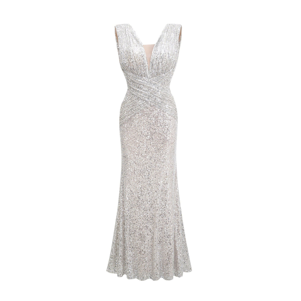 Maisie Maxi Dress in Radiant Silver with Sequin Embellishments & Cinched Waist