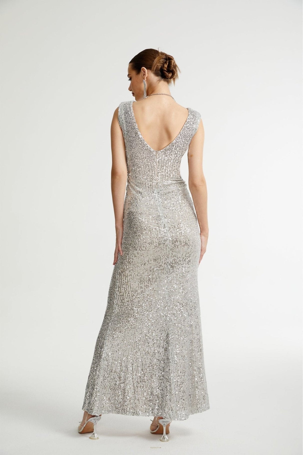 Maisie Maxi Dress in Radiant Silver with Sequin Embellishments & Cinched Waist