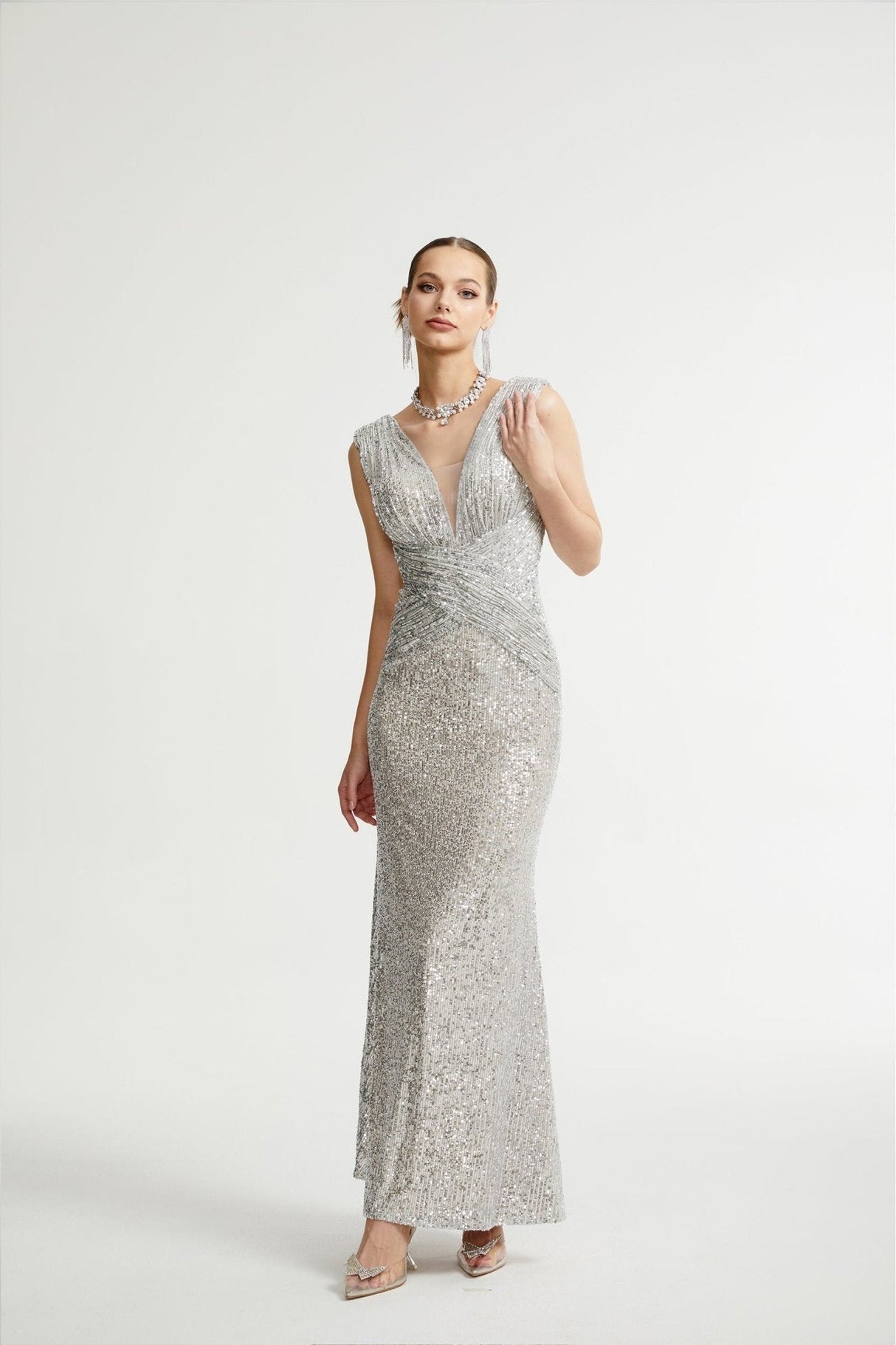 Maisie Maxi Dress in Radiant Silver with Sequin Embellishments & Cinched Waist