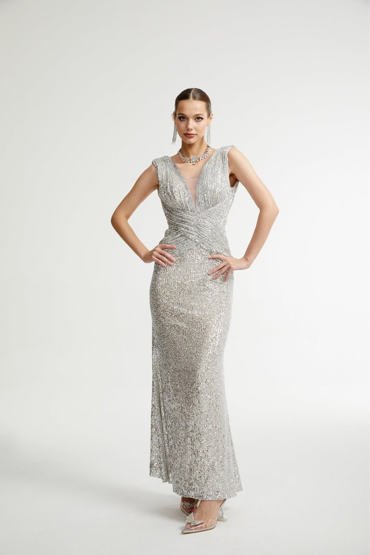 Maisie Maxi Dress in Radiant Silver with Sequin Embellishments & Cinched Waist