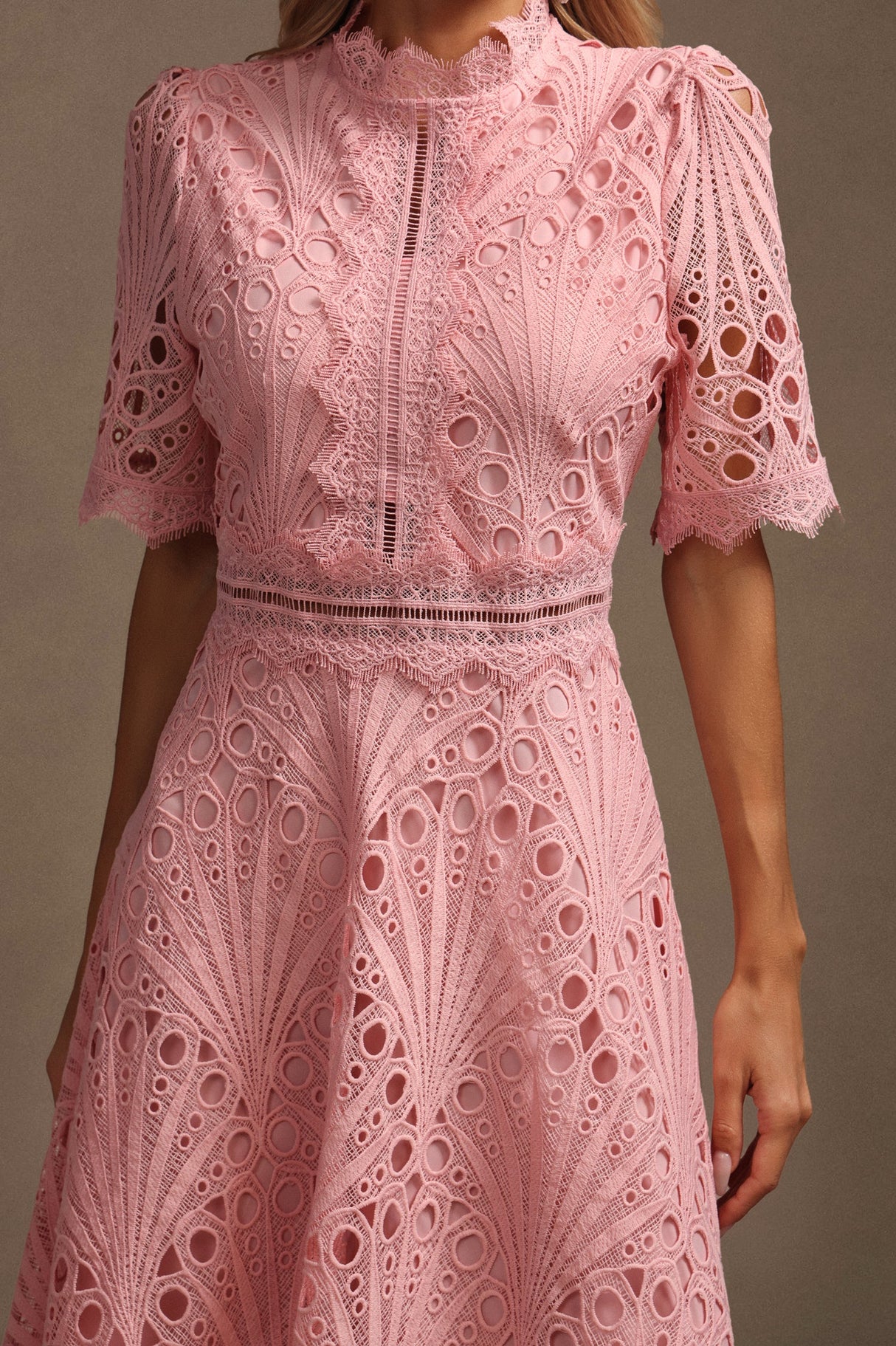 Maisie Pink Lace Midi Dress with Hollow Out Accents