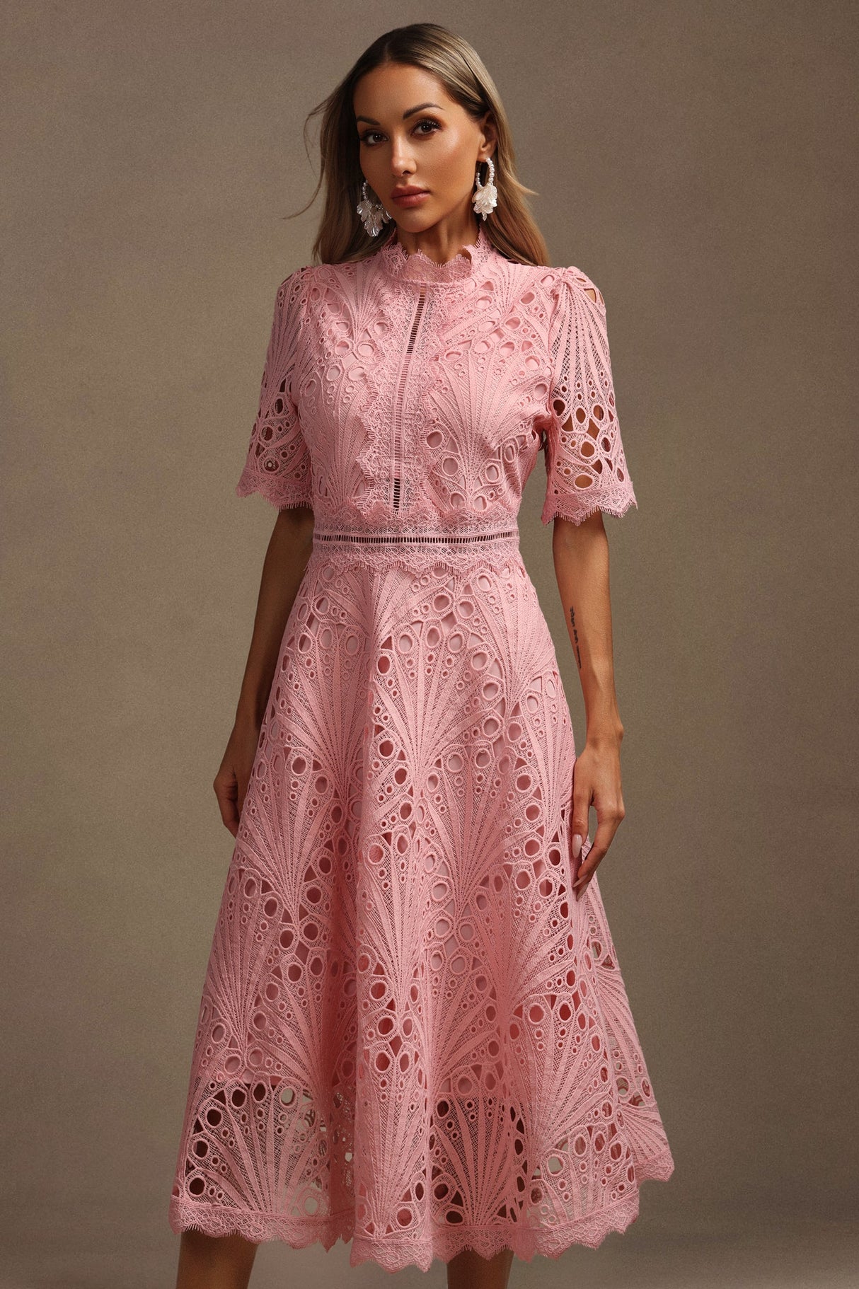 Maisie Pink Lace Swing Dress with High Neckline and Hollow Out Accents