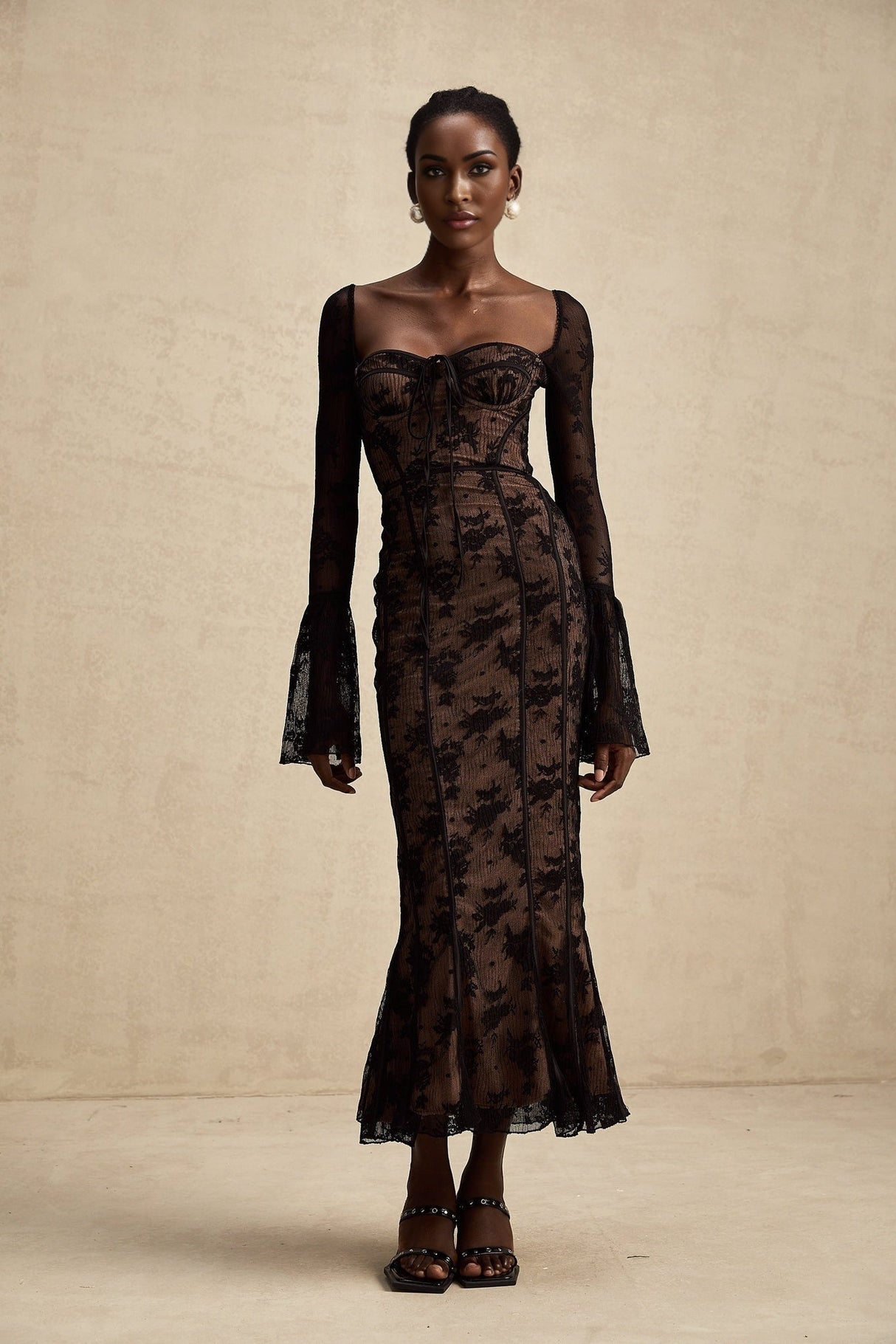 Makayla Maxi Dress - Long Sleeve Black Lace with Square Neck and Flared Cuffs
