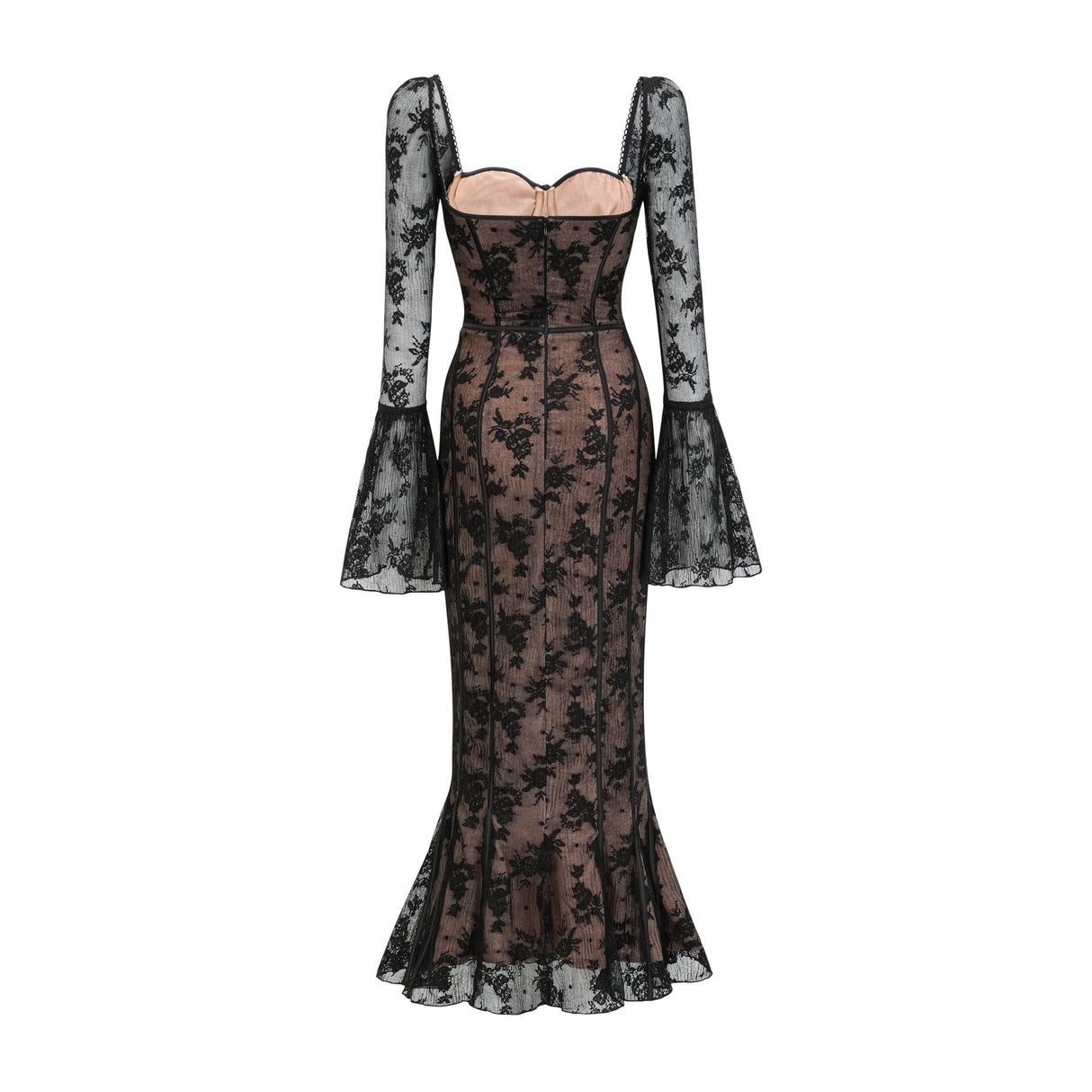 Makayla Maxi Dress - Long Sleeve Black Lace with Square Neck and Flared Cuffs