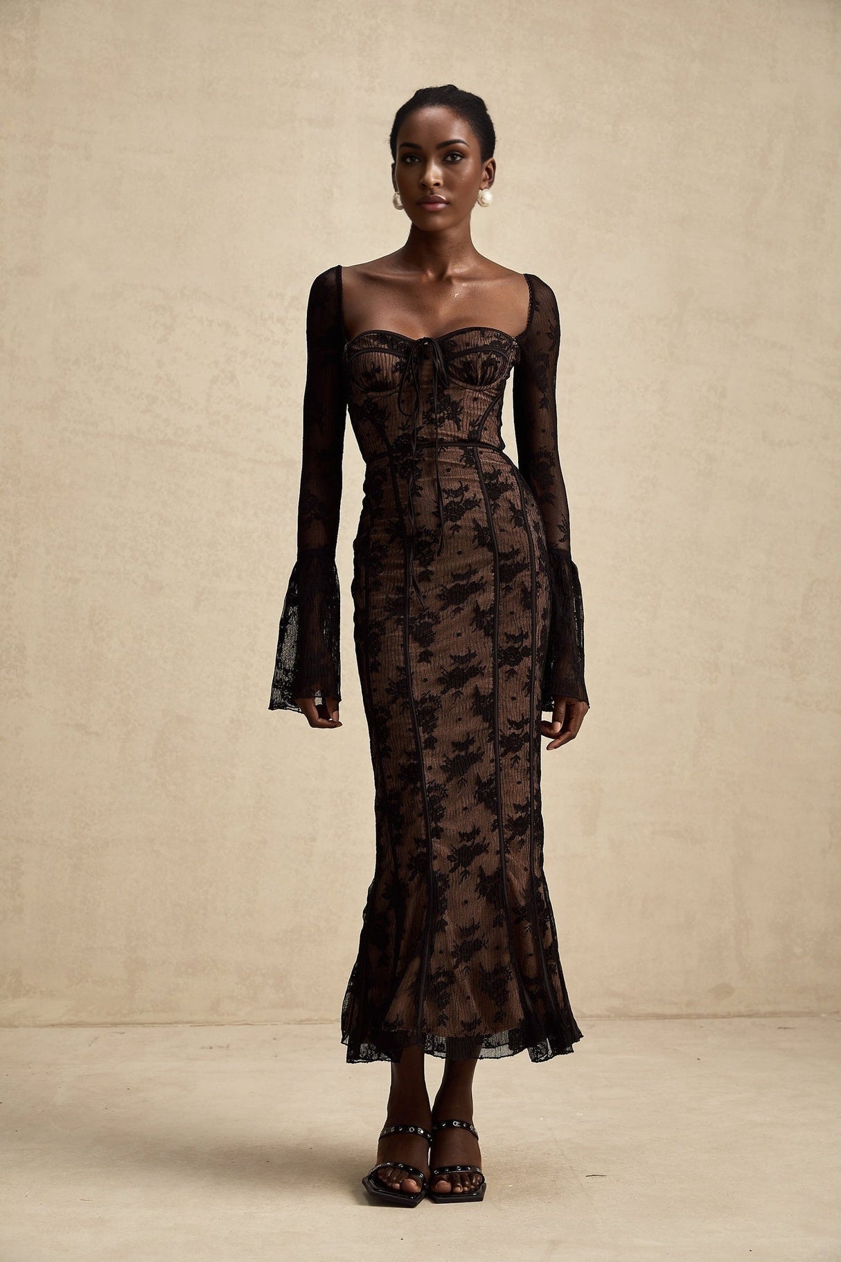 Makayla Maxi Dress - Long Sleeve Black Lace with Square Neck and Flared Cuffs
