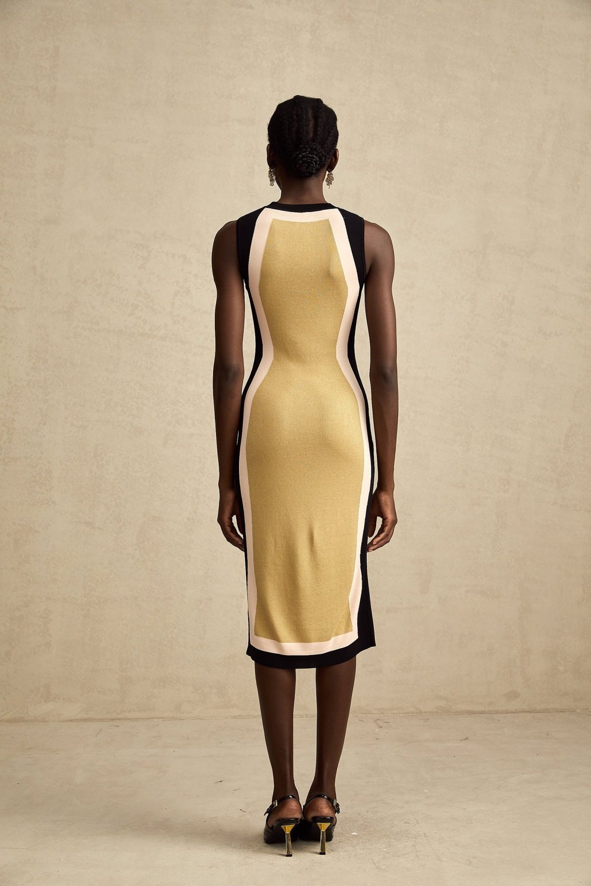 Malaya Midi Dress Yellow Black Knitted Sleeveless Calf Length Stretch Jersey