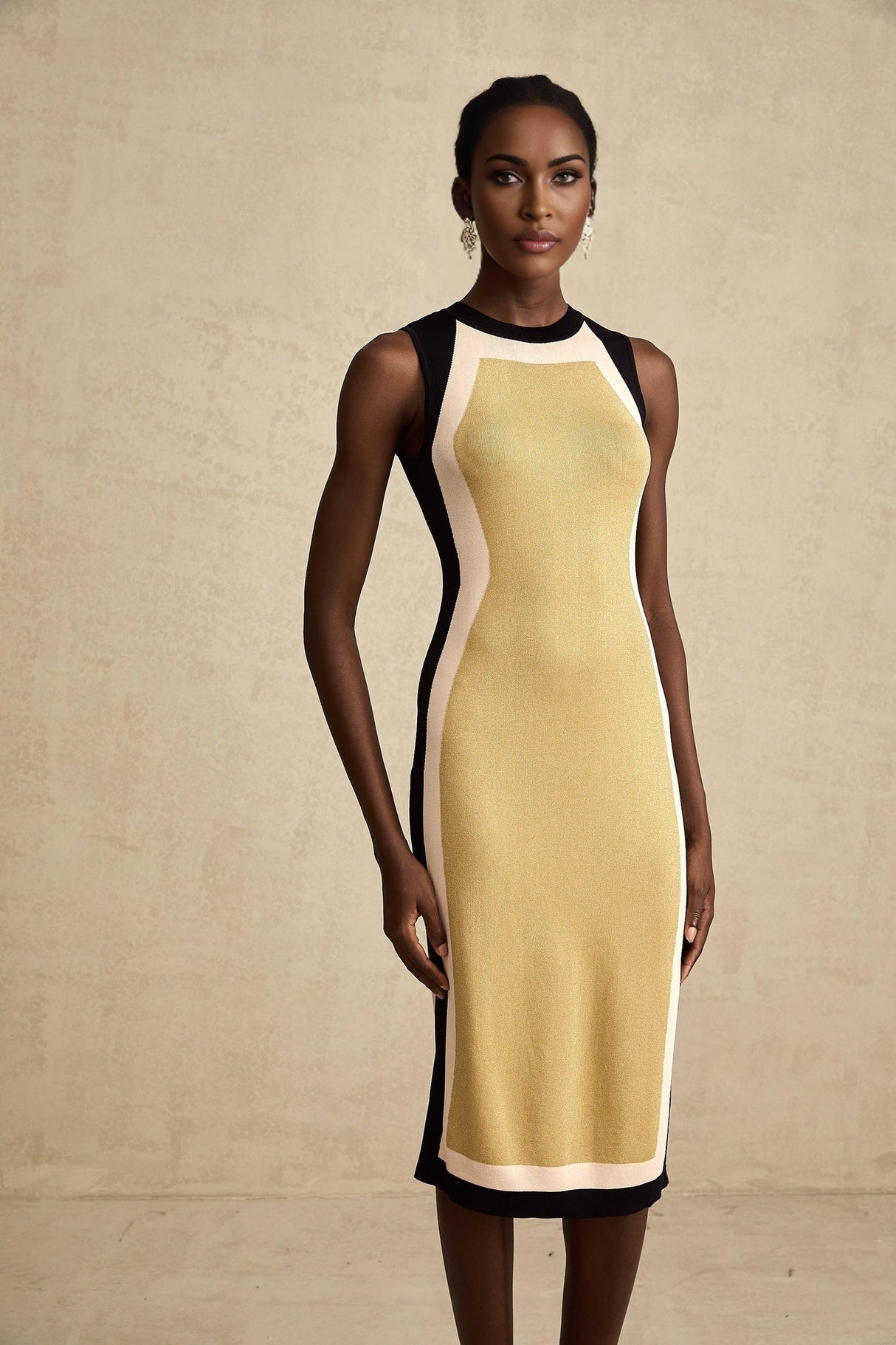 Malaya Midi Dress Yellow Black Knitted Sleeveless Calf Length Stretch Jersey