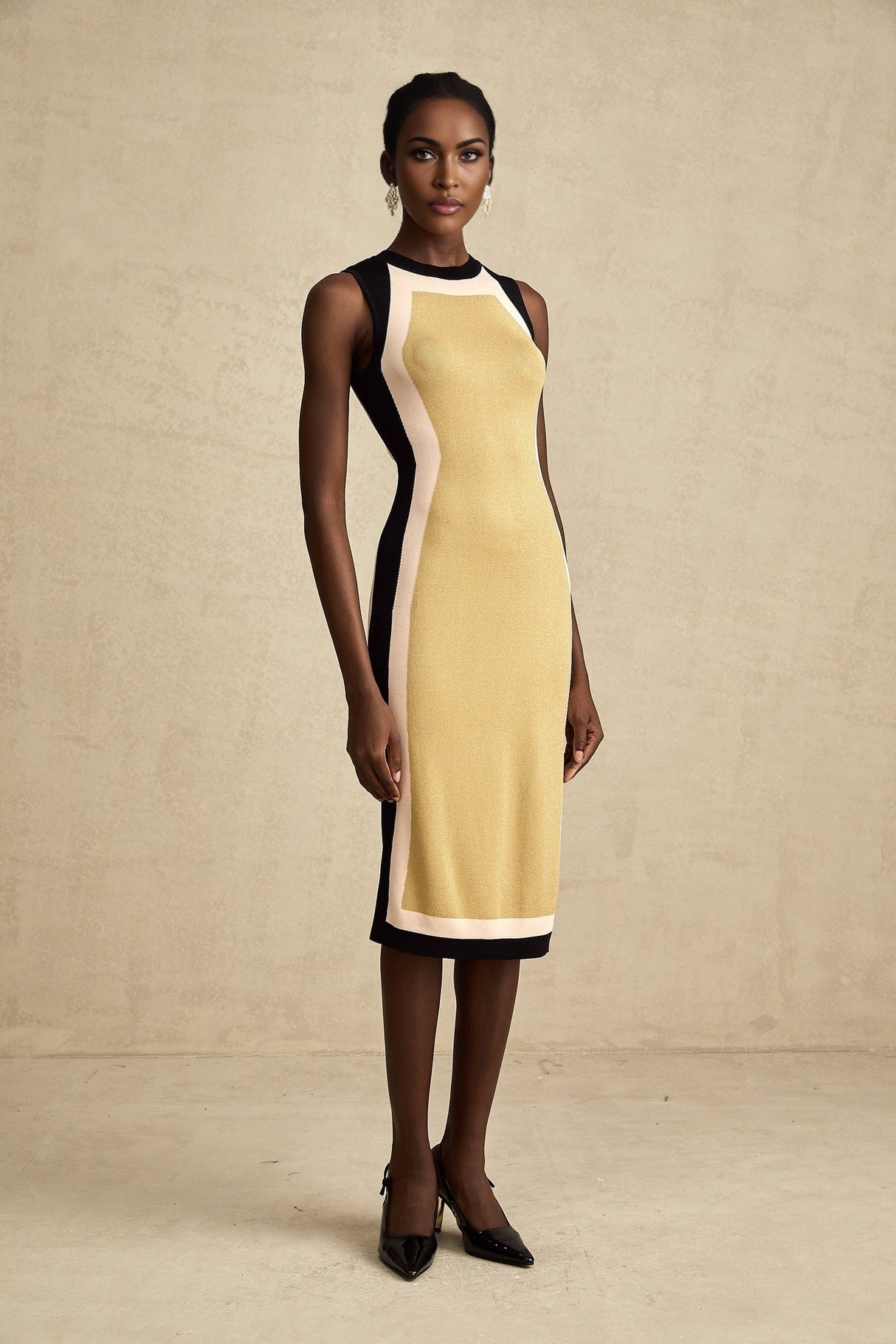 Malaya Midi Dress Yellow Black Knitted Sleeveless Calf Length Stretch Jersey