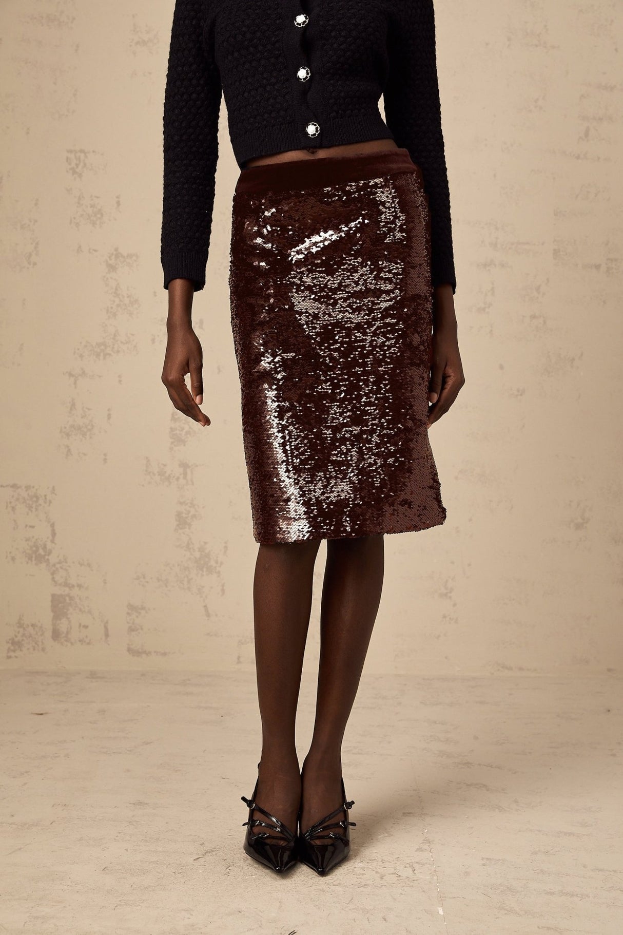 Malaya Skirt Brown Sequin ALine Midi & Side Zip Hem