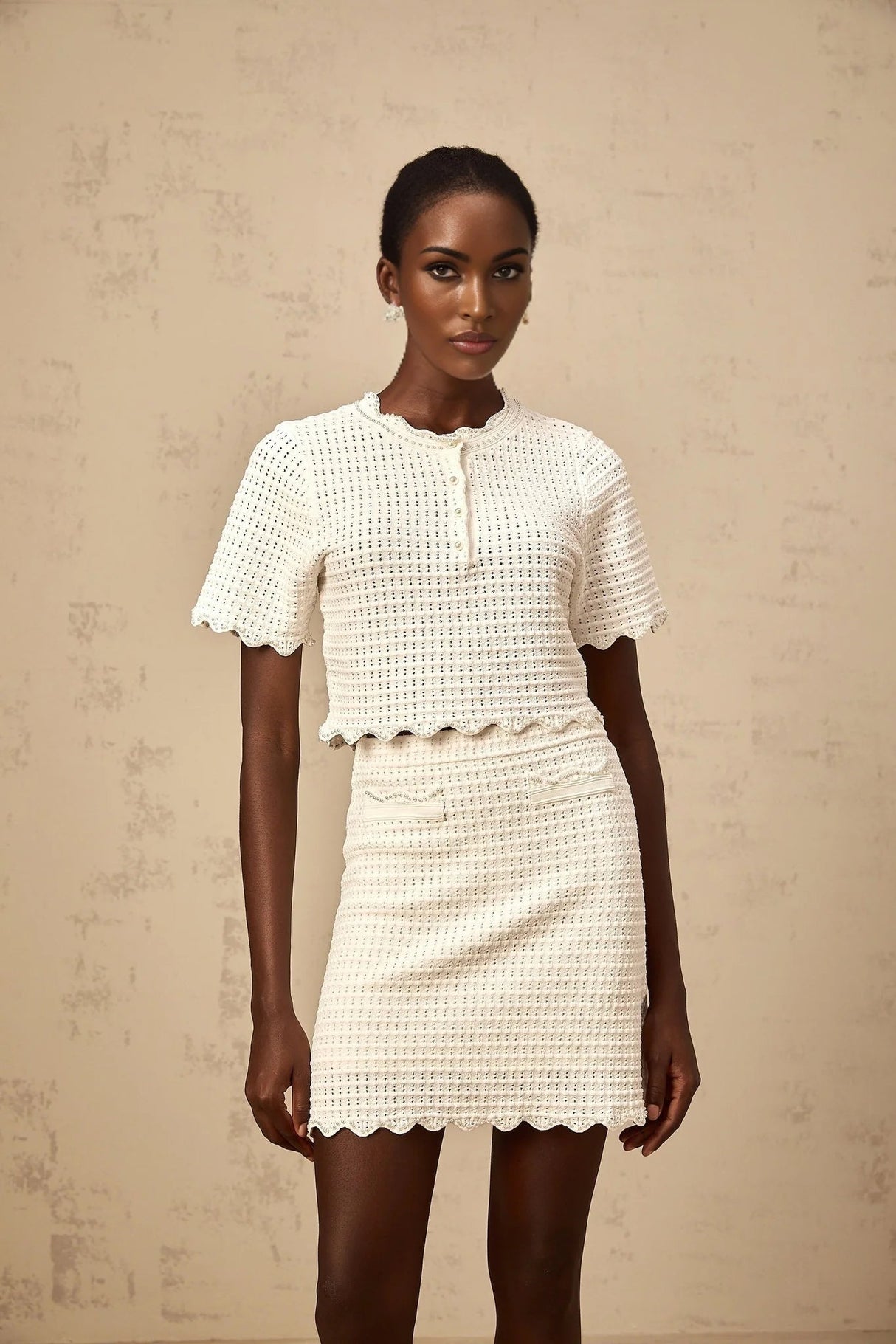 Malaya Top & Skirt Set Cream - White Ruffled Pointelle Knit Matching