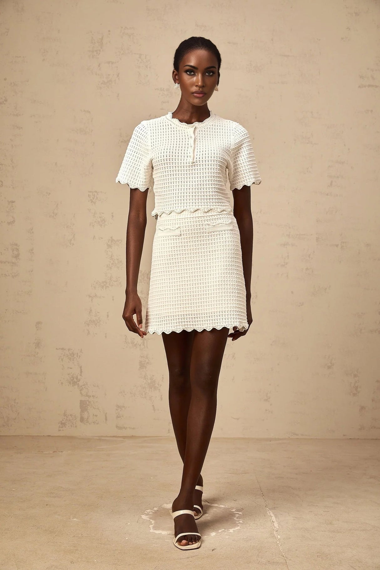 Malaya Top & Skirt Set Cream - White Ruffled Pointelle Knit Matching