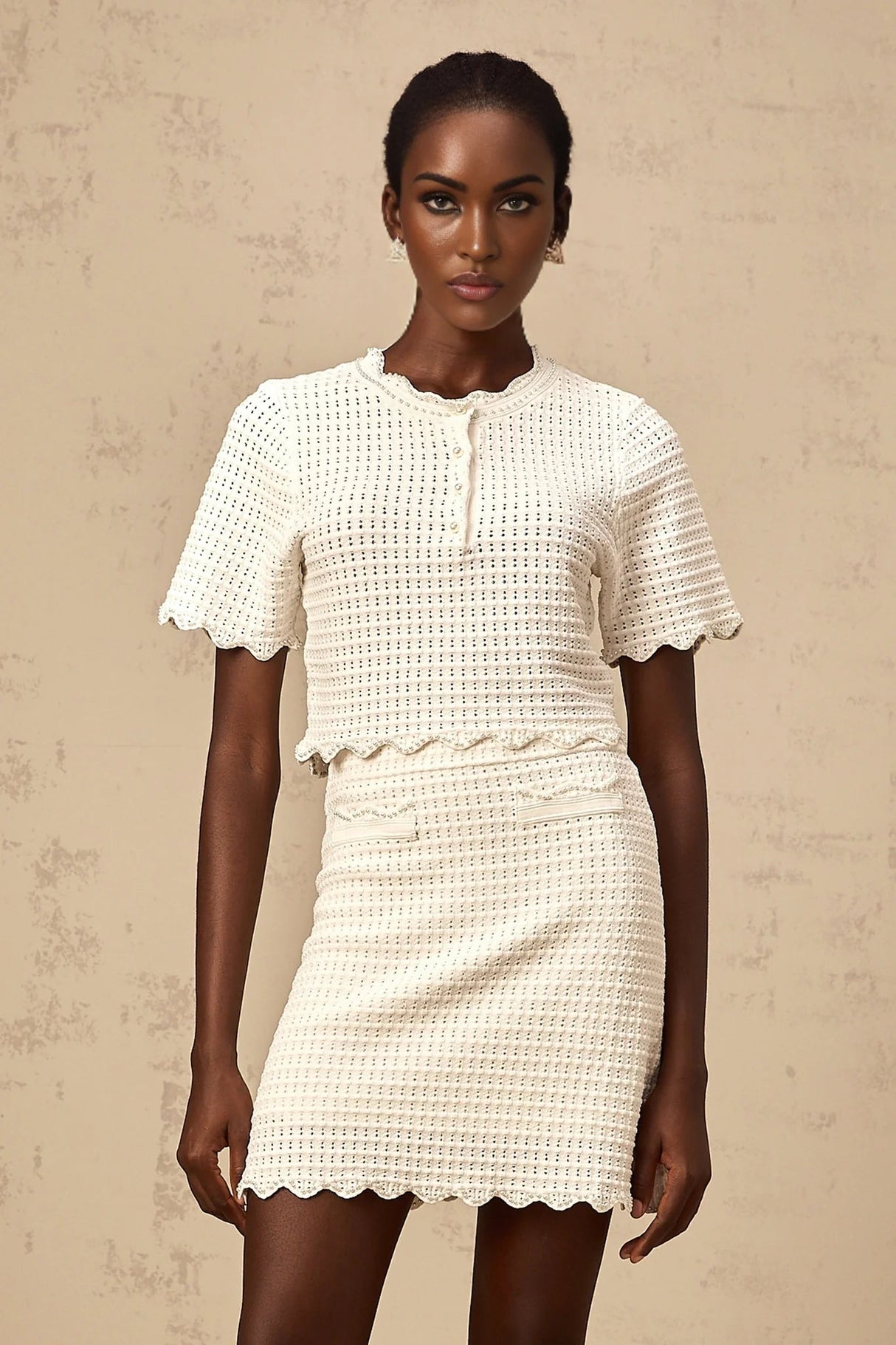 Malaya Top & Skirt Set Cream - White Ruffled Pointelle Knit Matching