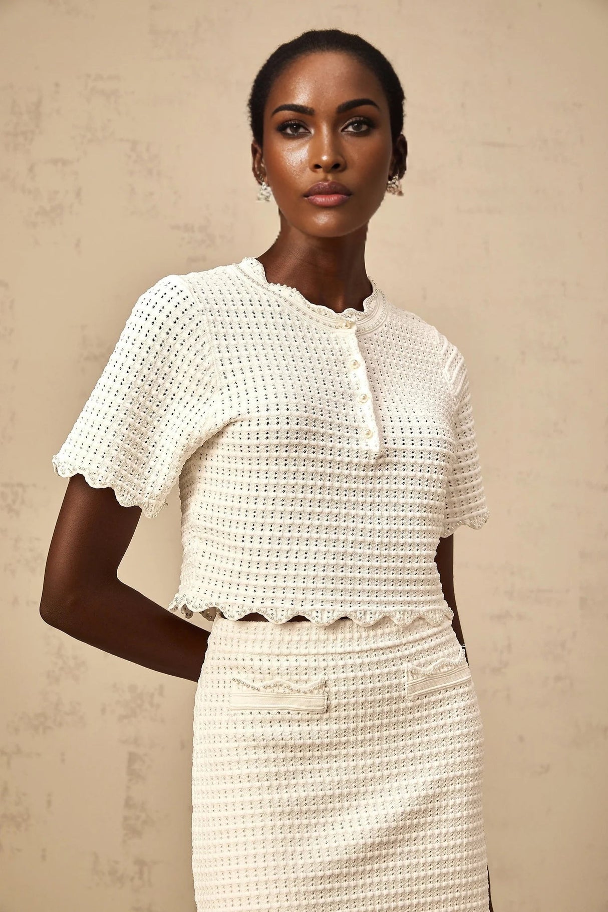 Malaya Top & Skirt Set Cream - White Ruffled Pointelle Knit Matching