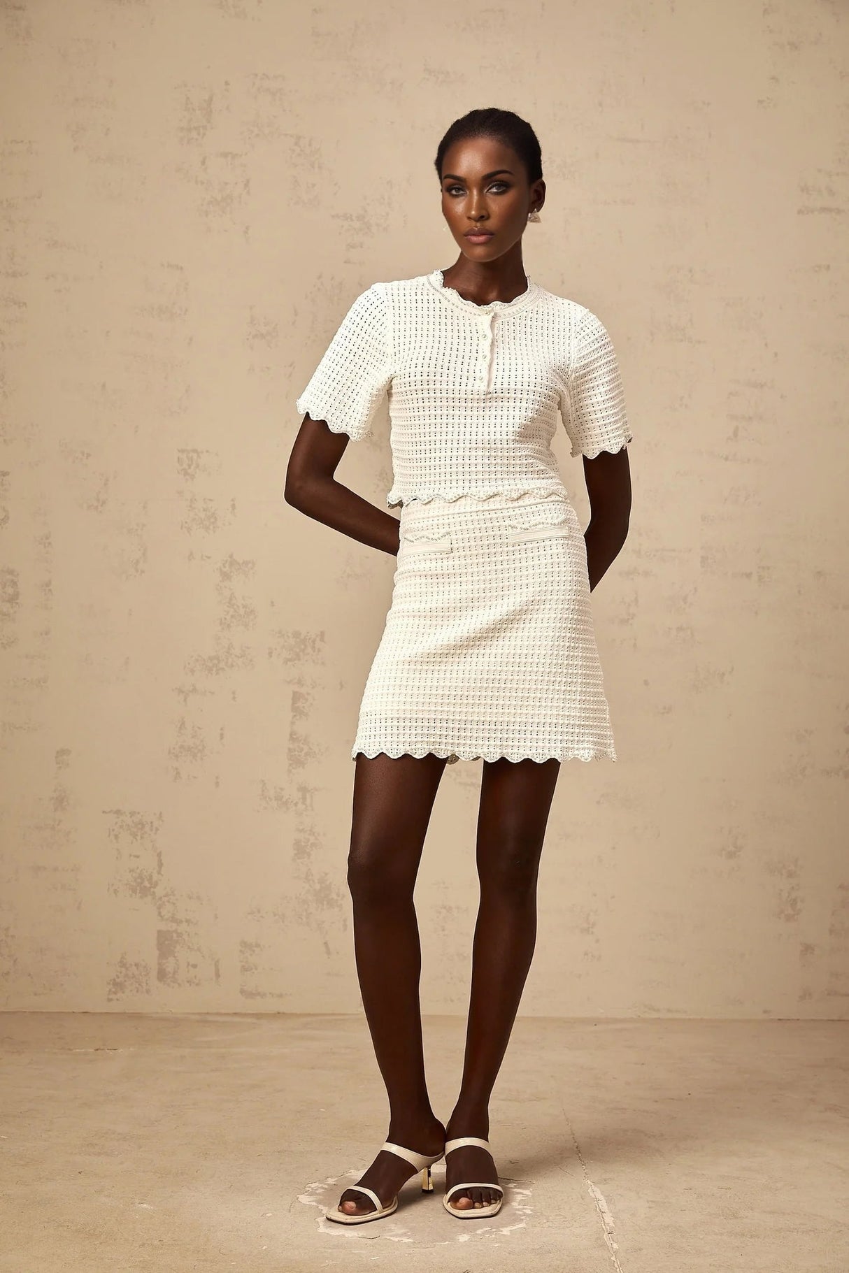 Malaya Top & Skirt Set Cream - White Ruffled Pointelle Knit Matching