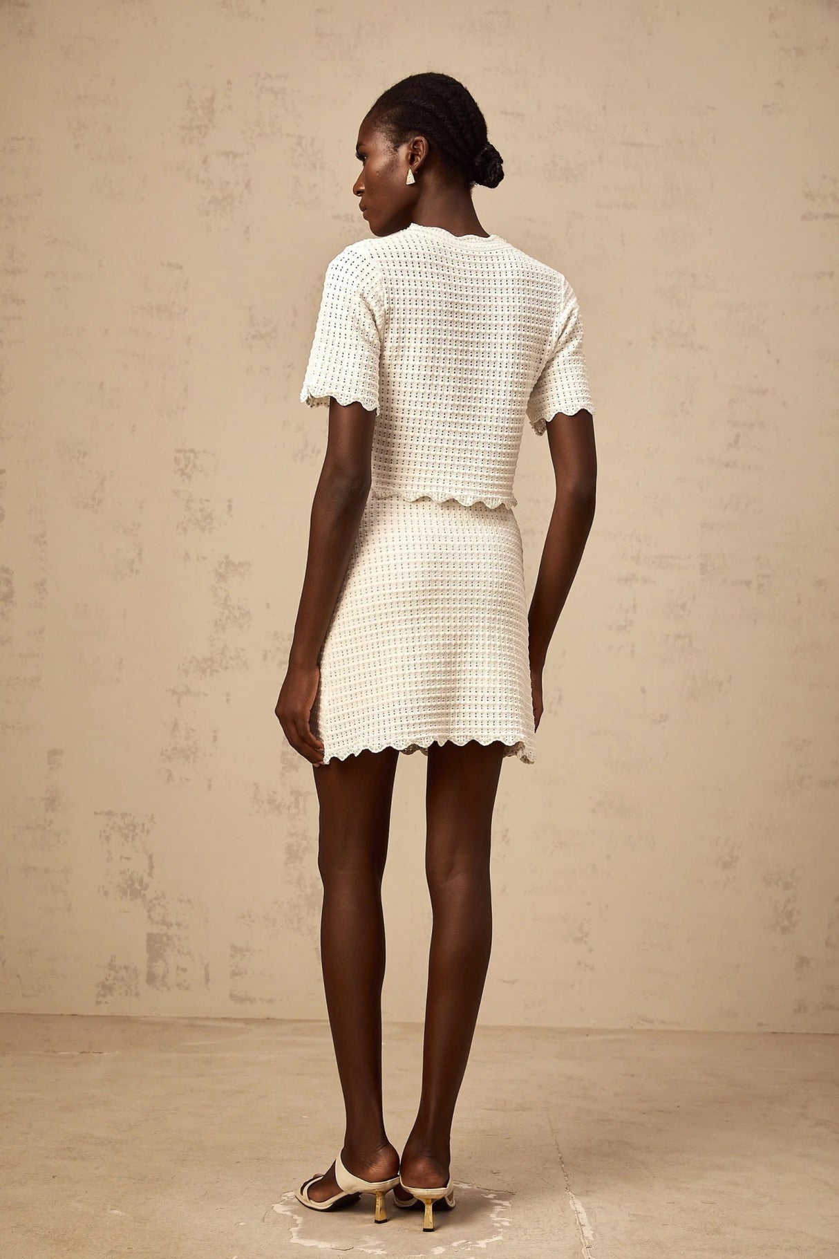 Malaya Top & Skirt Set Cream - White Ruffled Pointelle Knit Matching