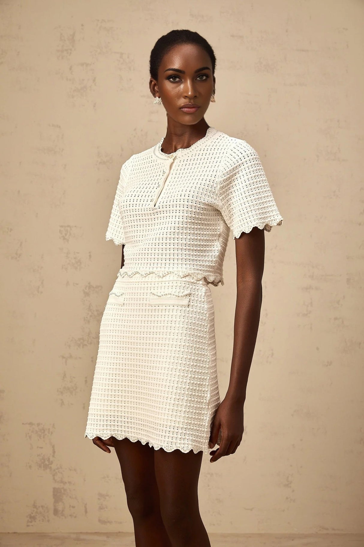 Malaya Top & Skirt Set Cream - White Ruffled Pointelle Knit Matching