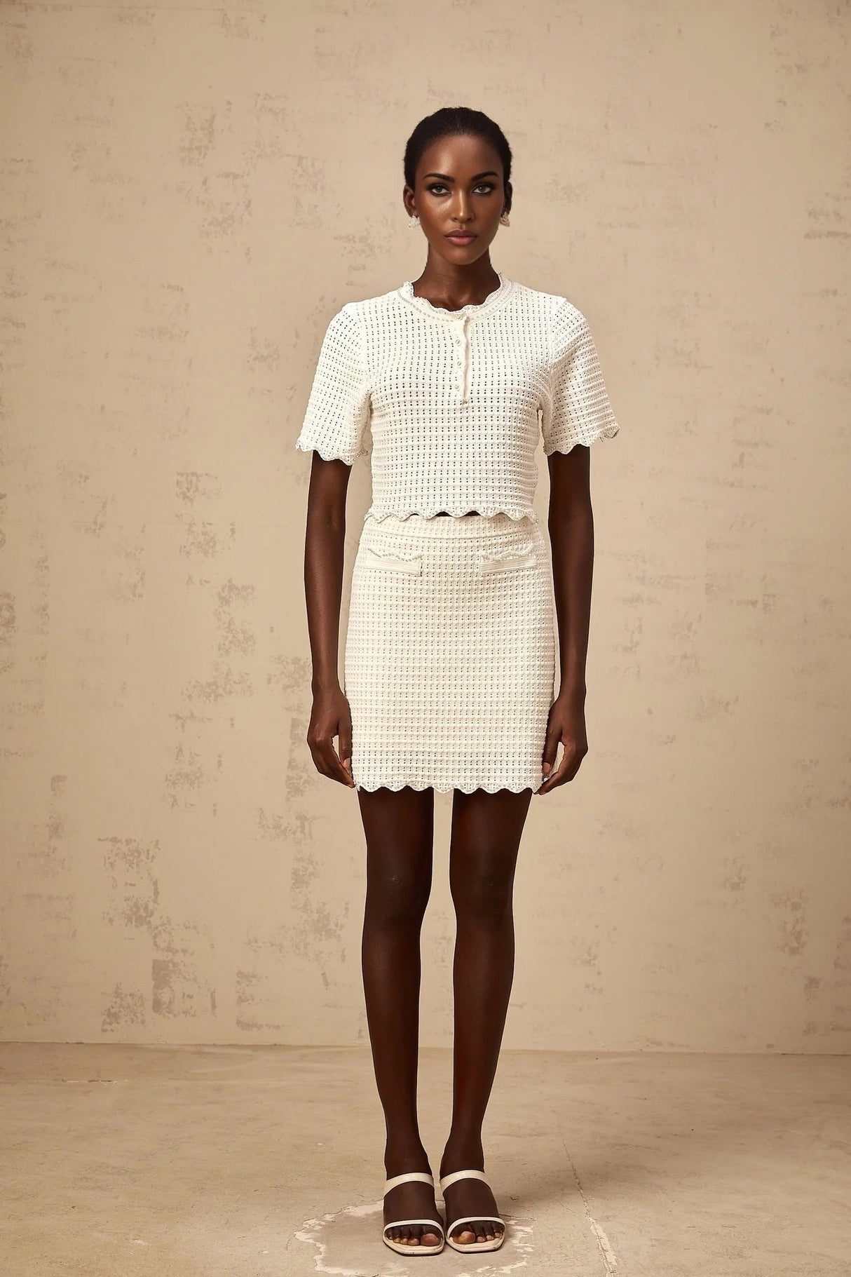 Malaya Top & Skirt Set Cream - White Ruffled Pointelle Knit Matching