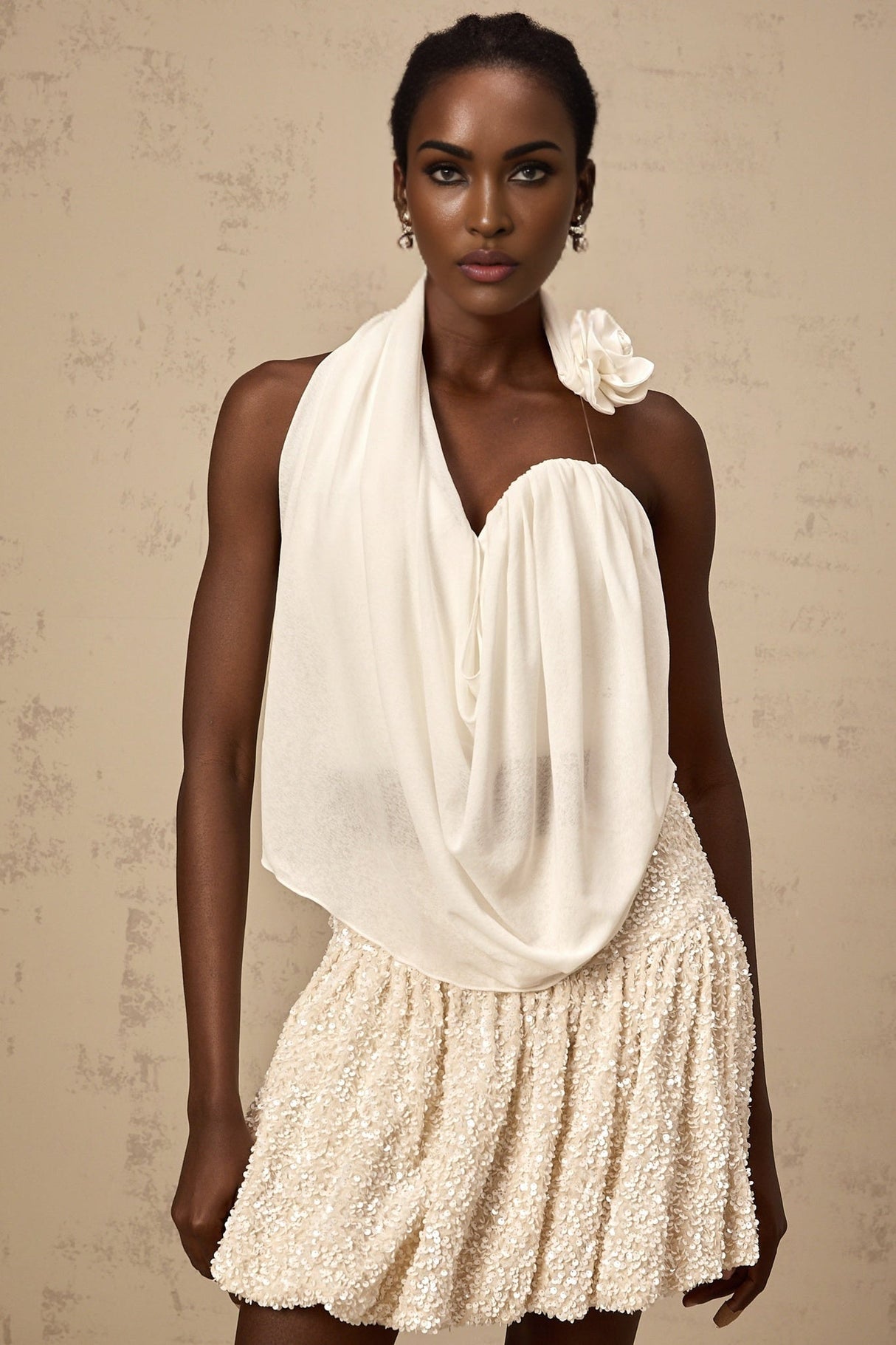 Malia Floral Top White Halterneck Asymmetric Applique