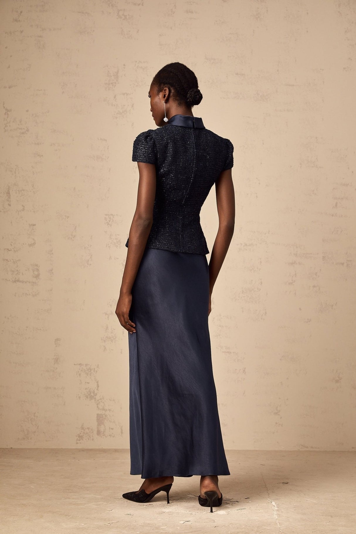 Malia Maxi Dress in Vivid Navy with Sleek Satin Finish & Detachable Skirt Panel