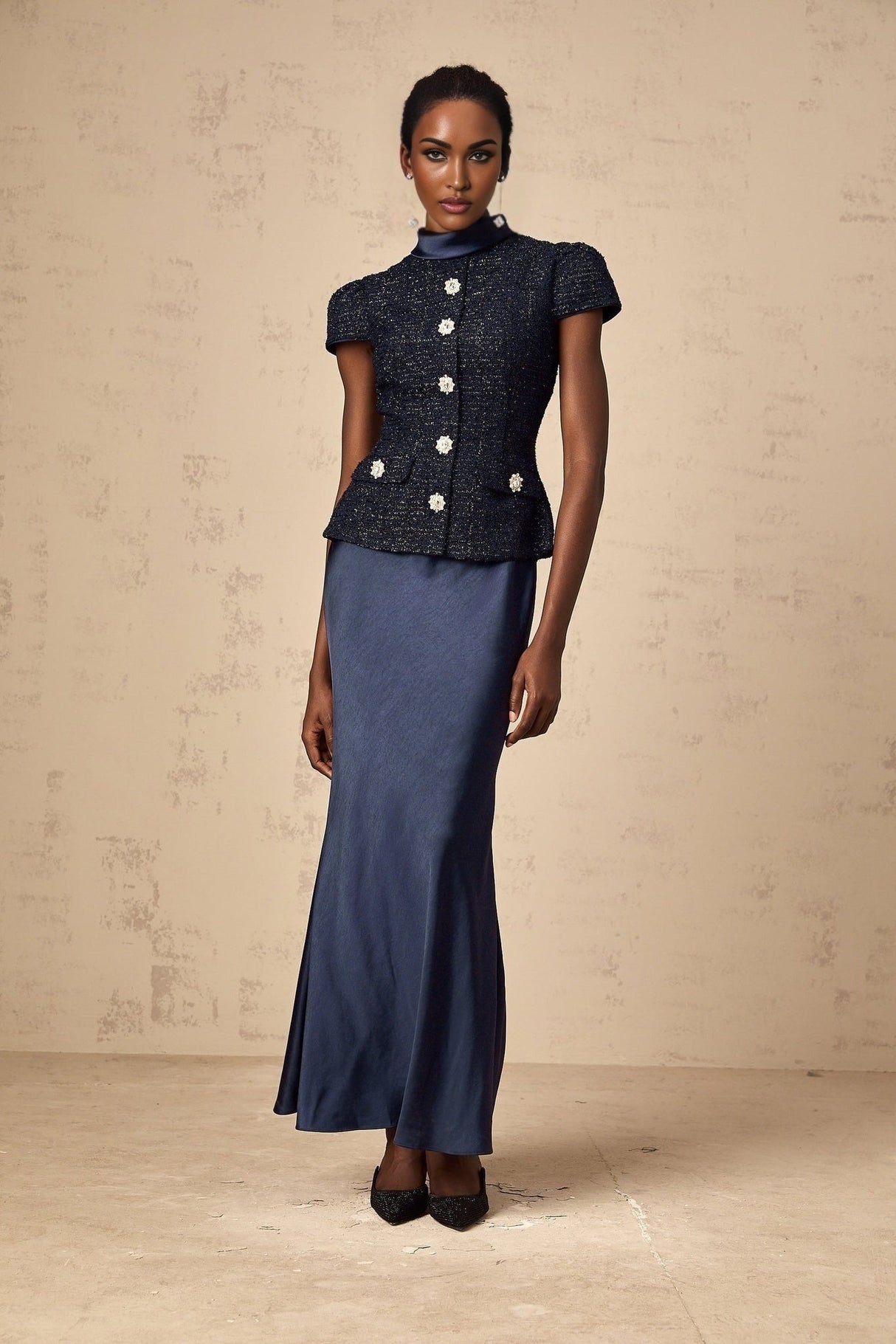 Malia Maxi Dress in Vivid Navy with Sleek Satin Finish & Detachable Skirt Panel