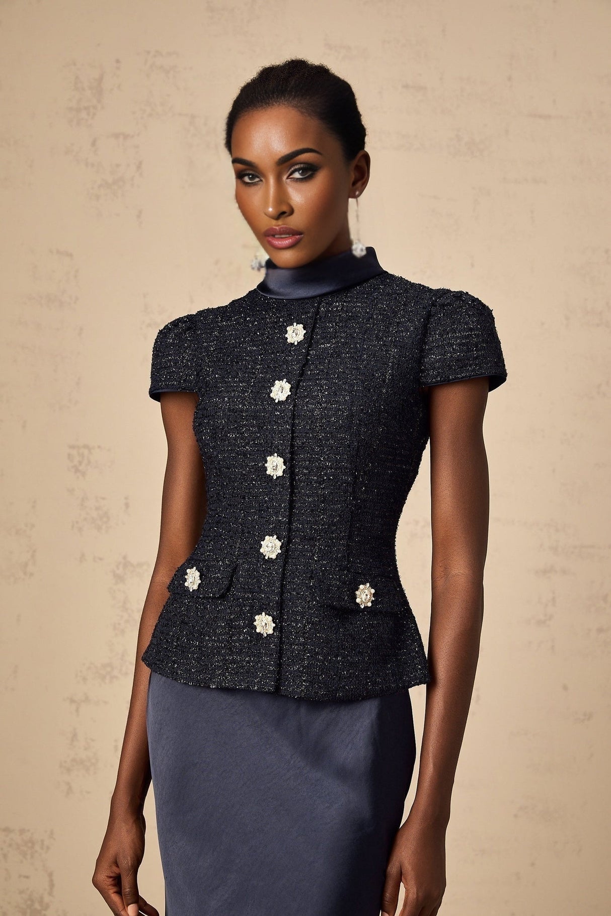 Malia Maxi Dress in Vivid Navy with Sleek Satin Finish & Detachable Skirt Panel