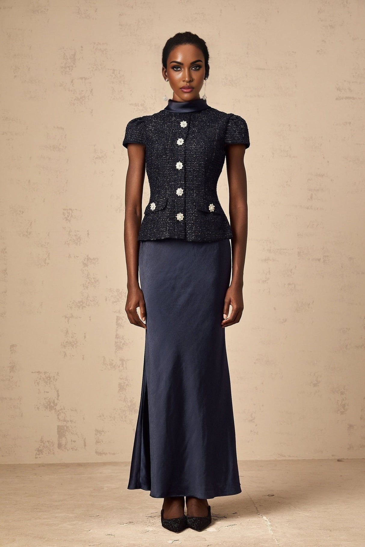 Malia Maxi Dress in Vivid Navy with Sleek Satin Finish & Detachable Skirt Panel