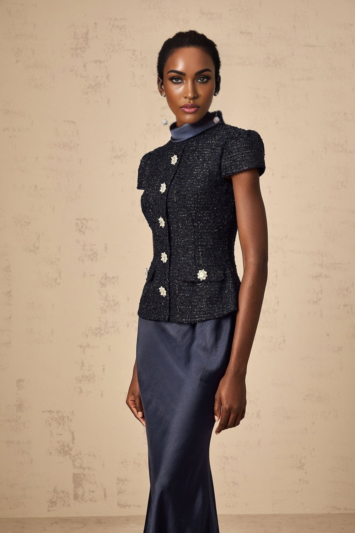 Malia Maxi Dress in Vivid Navy with Sleek Satin Finish & Detachable Skirt Panel