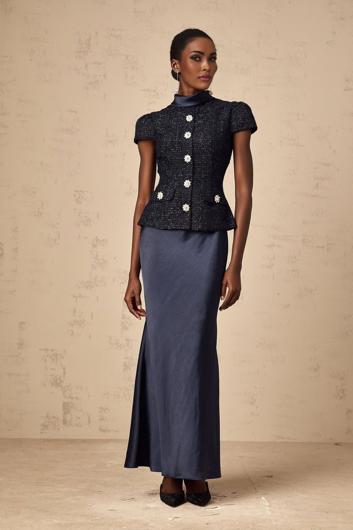 Malia Maxi Dress in Vivid Navy with Sleek Satin Finish & Detachable Skirt Panel