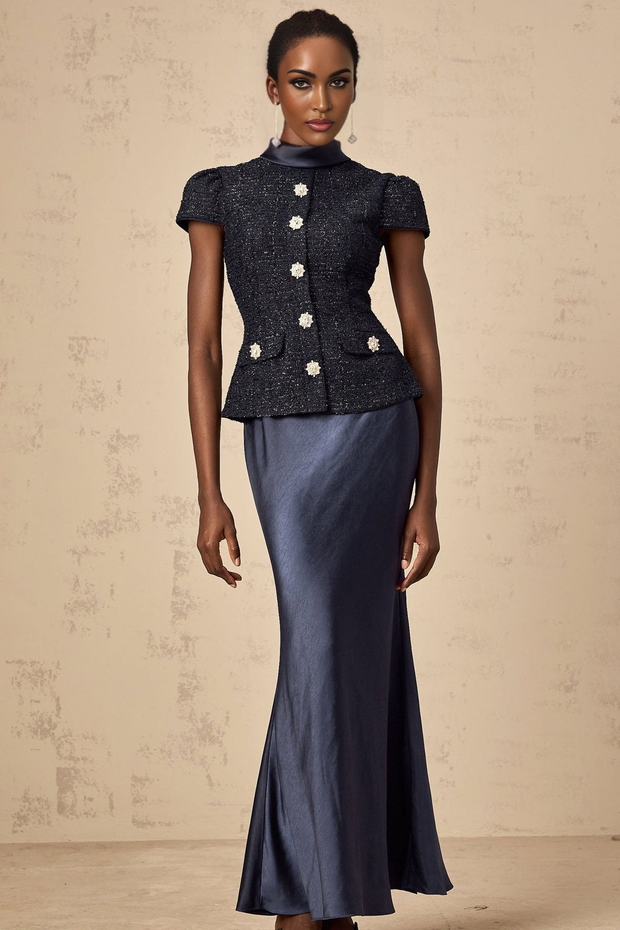 Malia Maxi Dress in Vivid Navy with Sleek Satin Finish & Detachable Skirt Panel