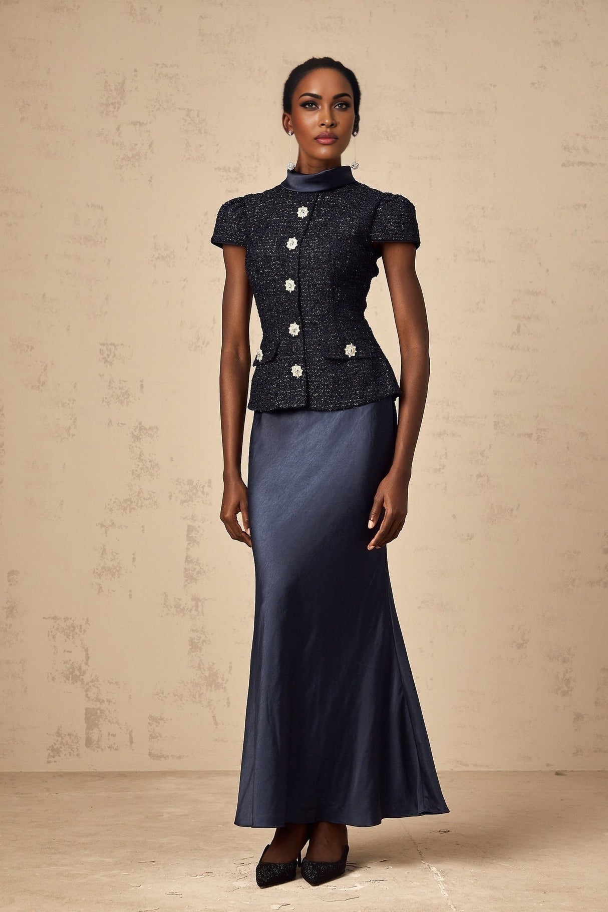 Malia Maxi Dress in Vivid Navy with Sleek Satin Finish & Detachable Skirt Panel