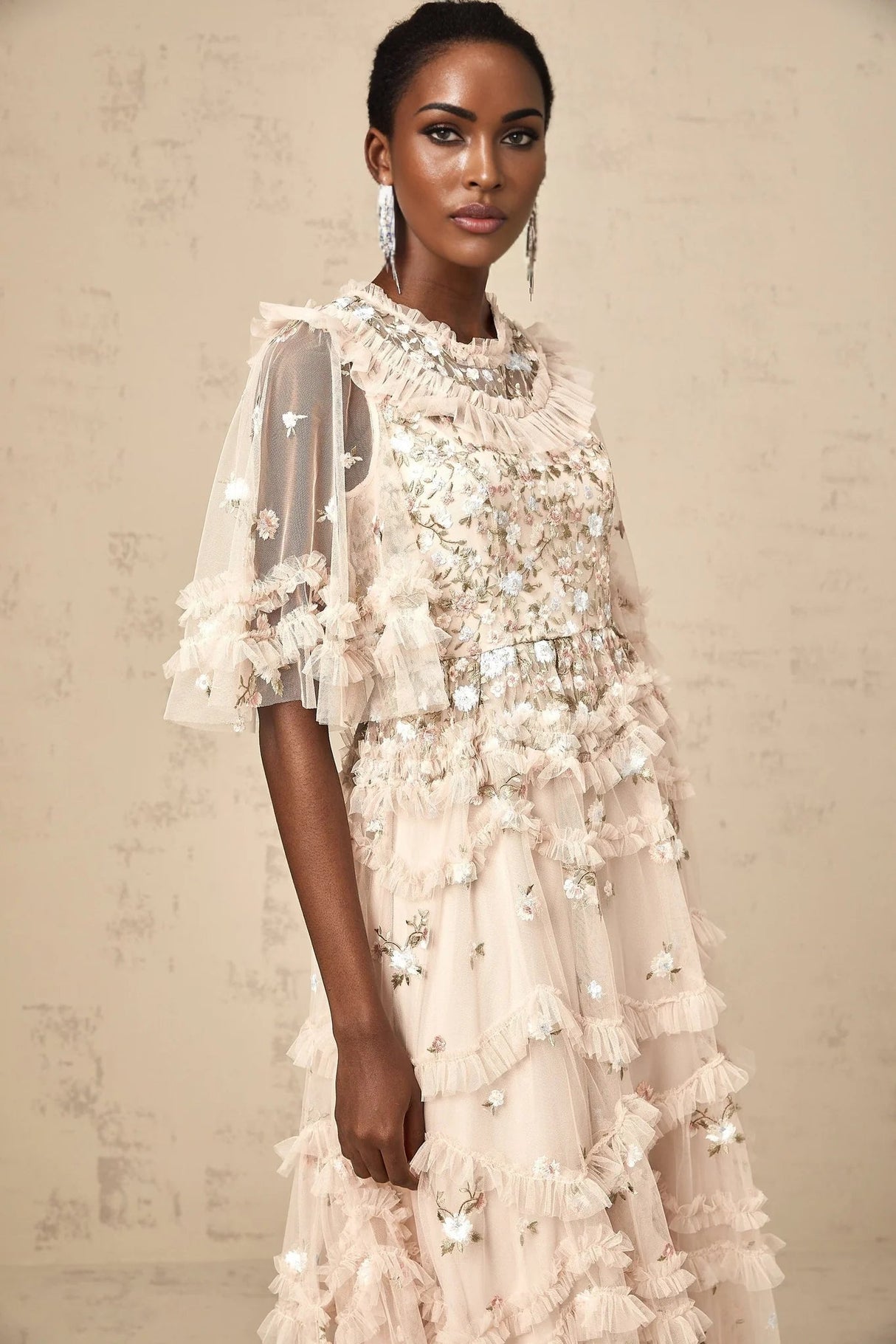 Malia Midi Dress Floral - Embroidered Tiered Ruffle & Back Zipper