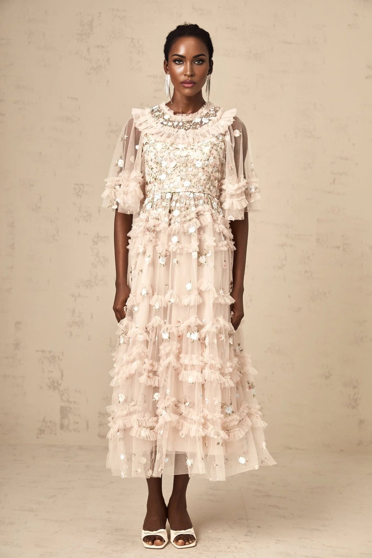 Malia Midi Dress Floral - Embroidered Tiered Ruffle & Back Zipper