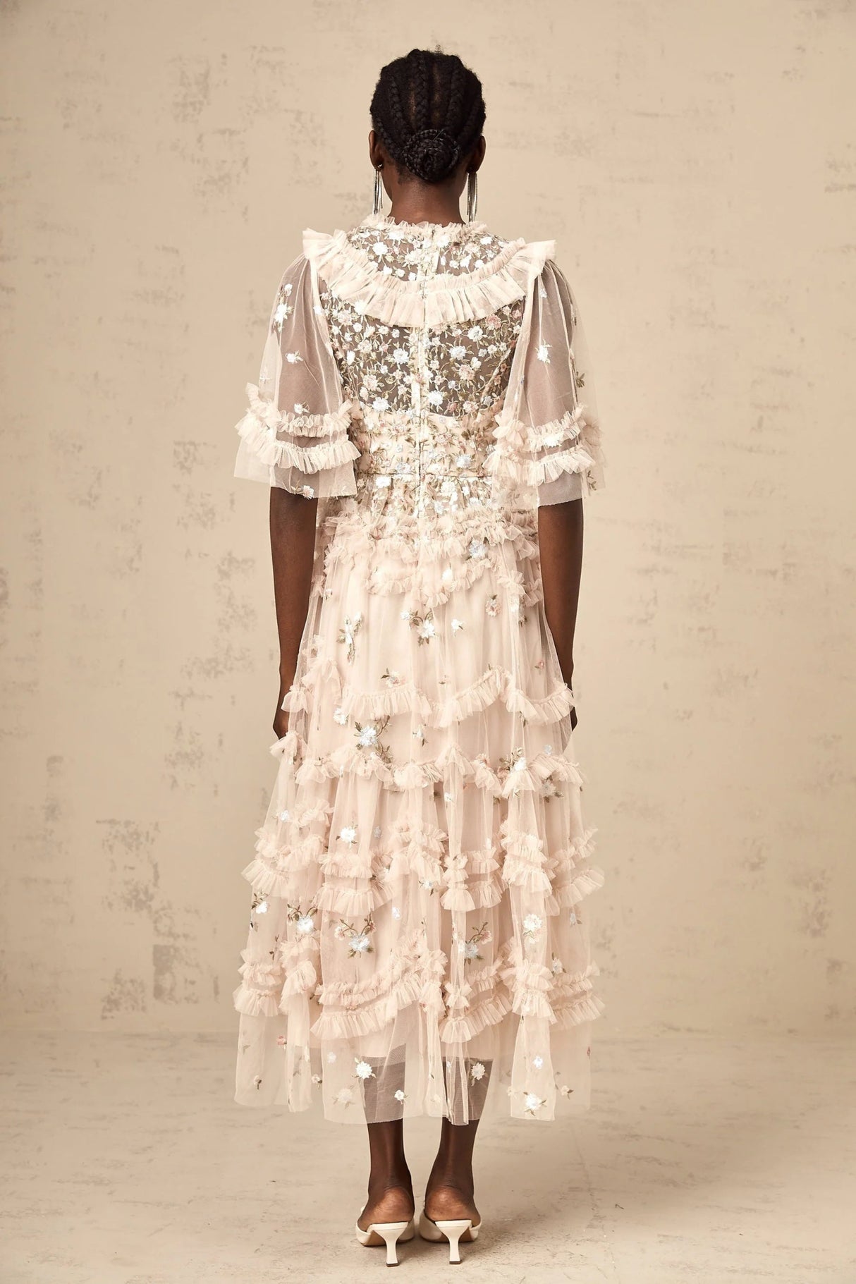 Malia Midi Dress Floral - Embroidered Tiered Ruffle & Back Zipper