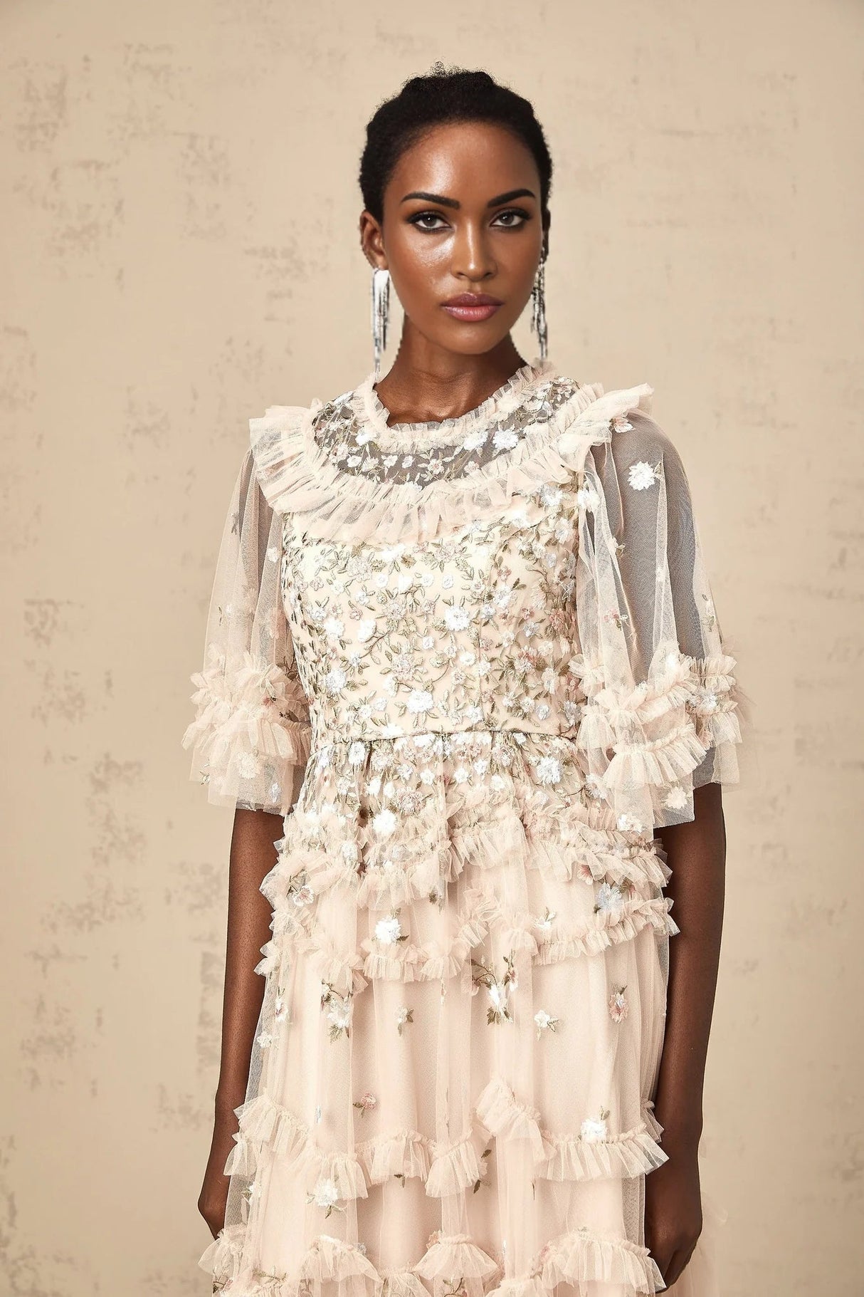 Malia Midi Dress Floral - Embroidered Tiered Ruffle & Back Zipper