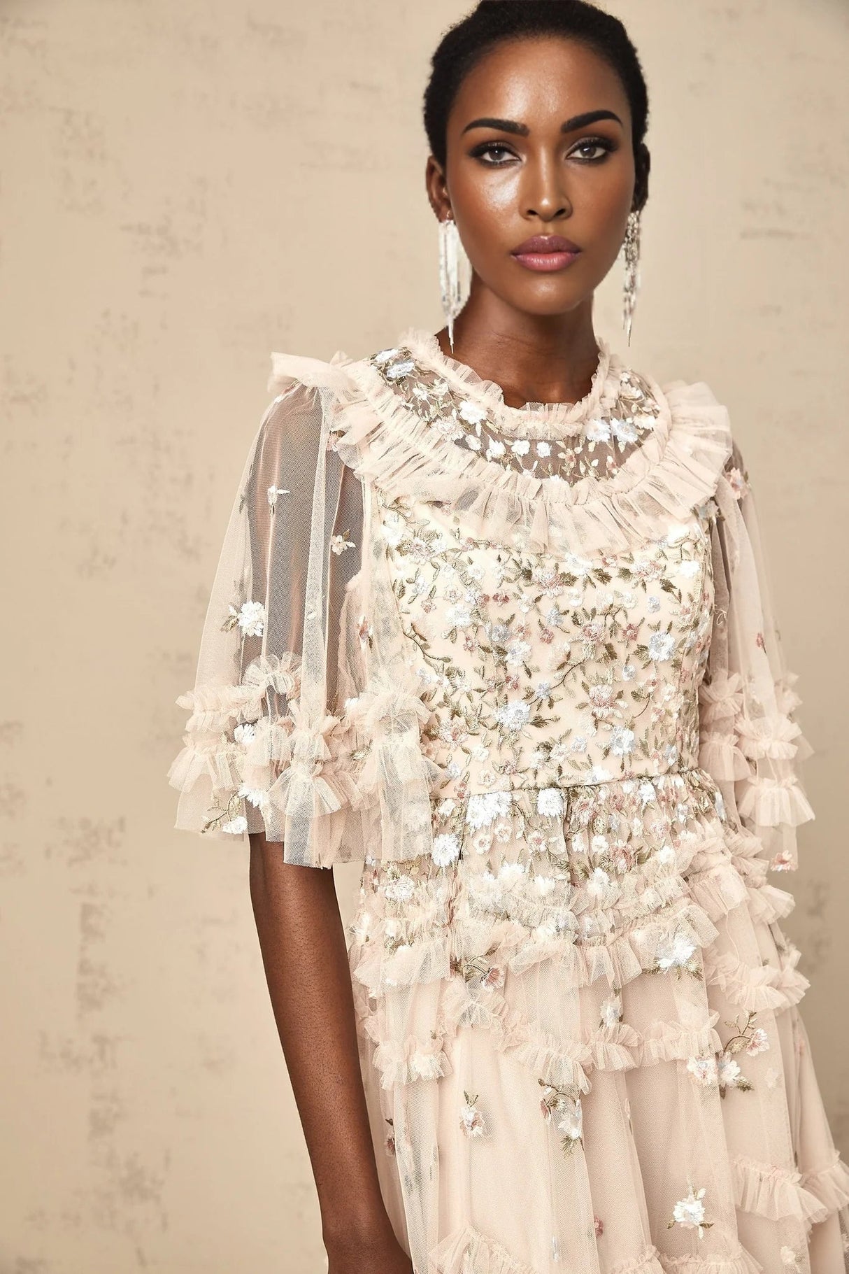 Malia Midi Dress Floral - Embroidered Tiered Ruffle & Back Zipper