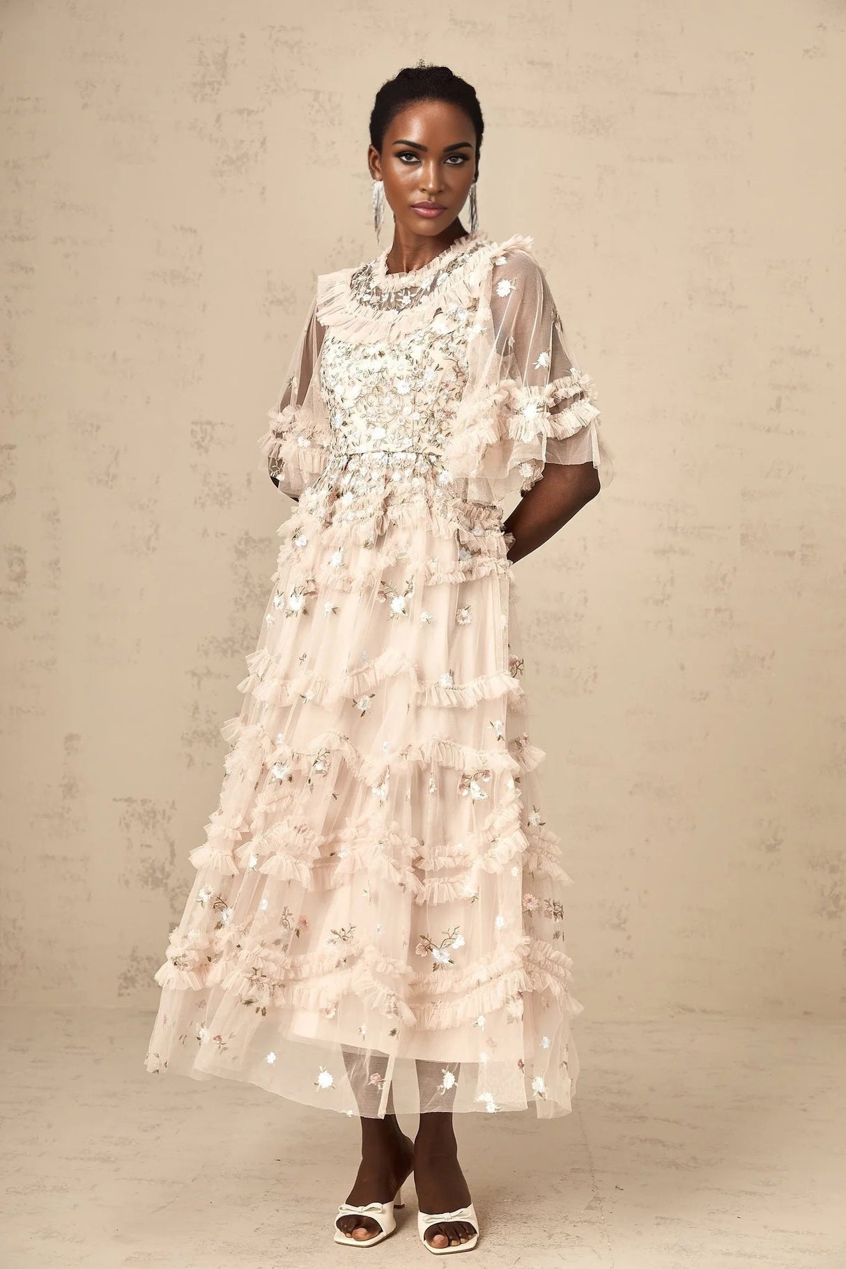 Malia Midi Dress Floral - Embroidered Tiered Ruffle & Back Zipper