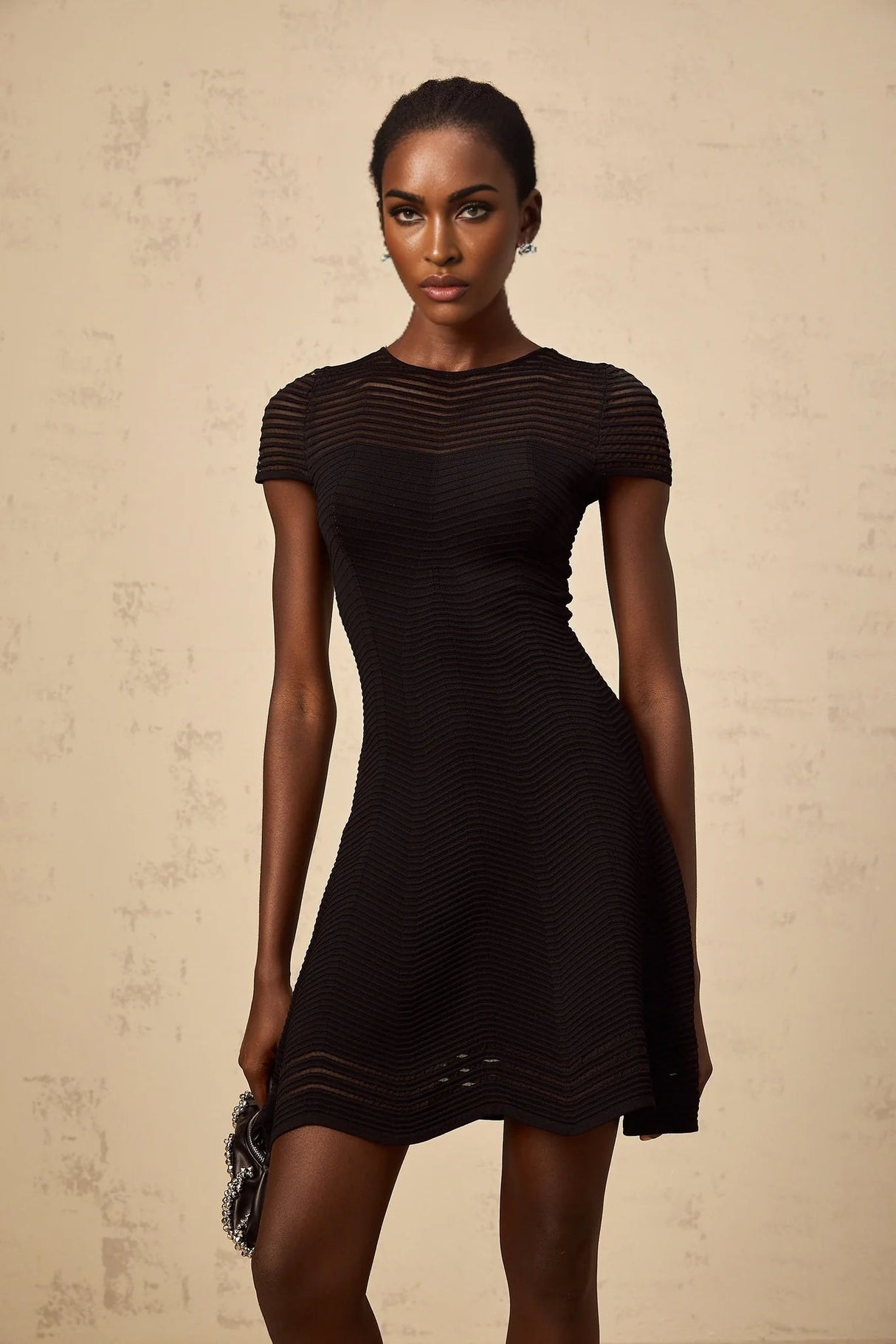 Malia Mini Dress Black Wavy Crochet Texture Scalloped Hem & Tulle Panel