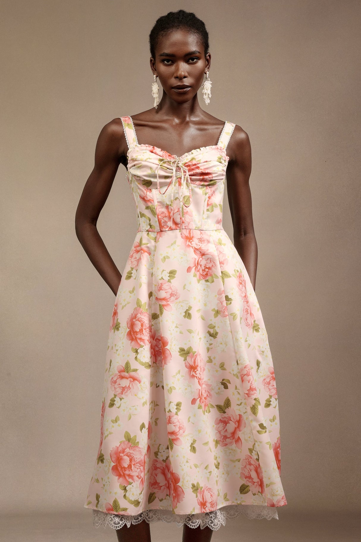 Malia Pink Floral Halter Midi Dress with Bowknot Detail