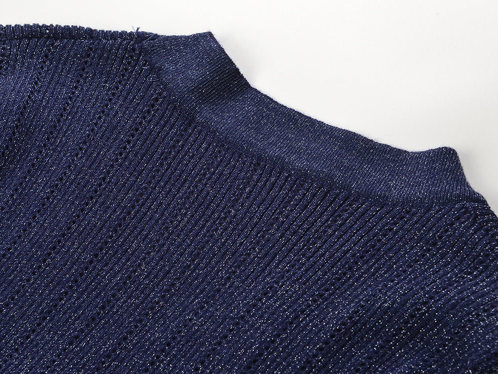 Malia Ribbed V - Neck Top – Shimmer Detail – Decorative Buttons – Fitted Knit Design